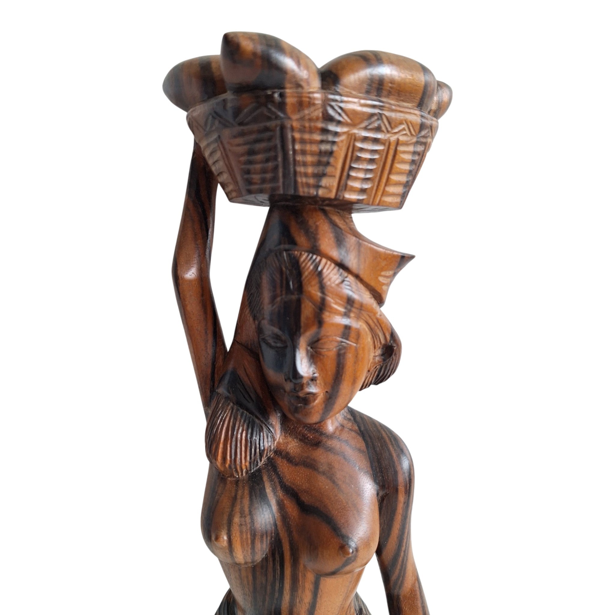 Balinesische Frau mit Obstkorb auf dem Kopf – handgeschnitzte Holzfigur (40,5 cm)
