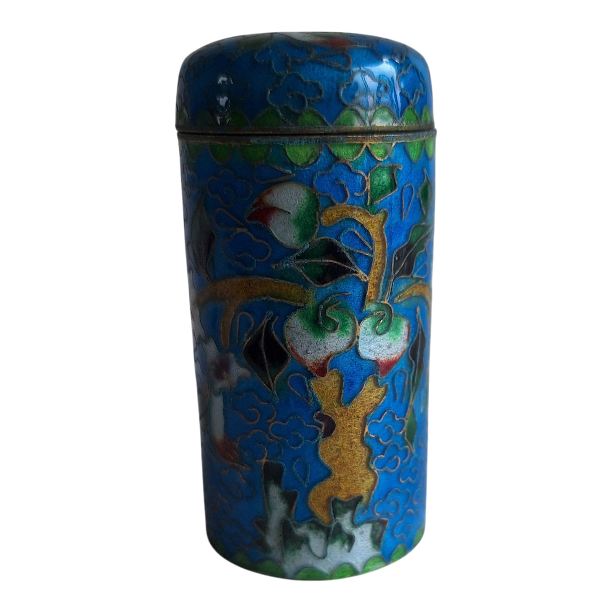 Blaues zylindrisches Cloisonné-Pillendöschen