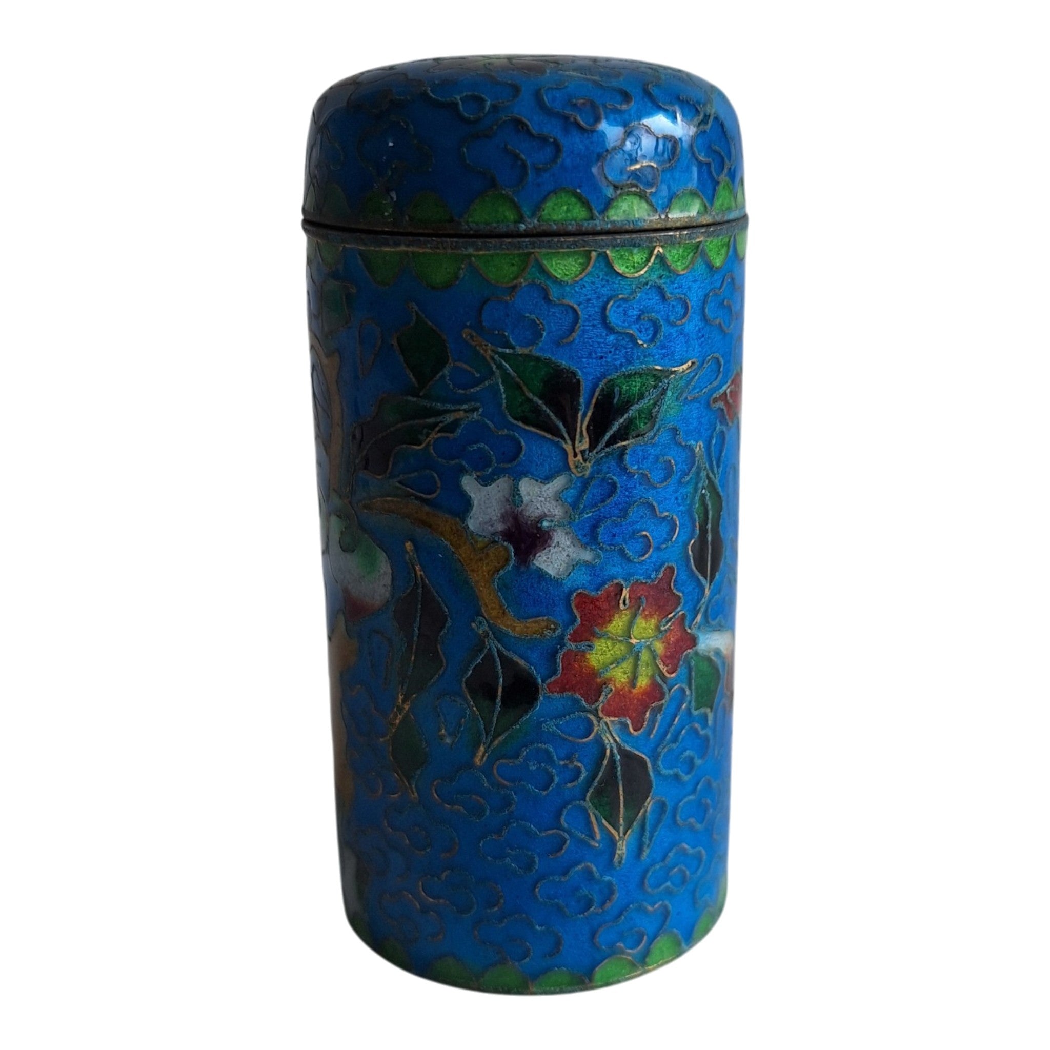 Blaues zylindrisches Cloisonné-Pillendöschen