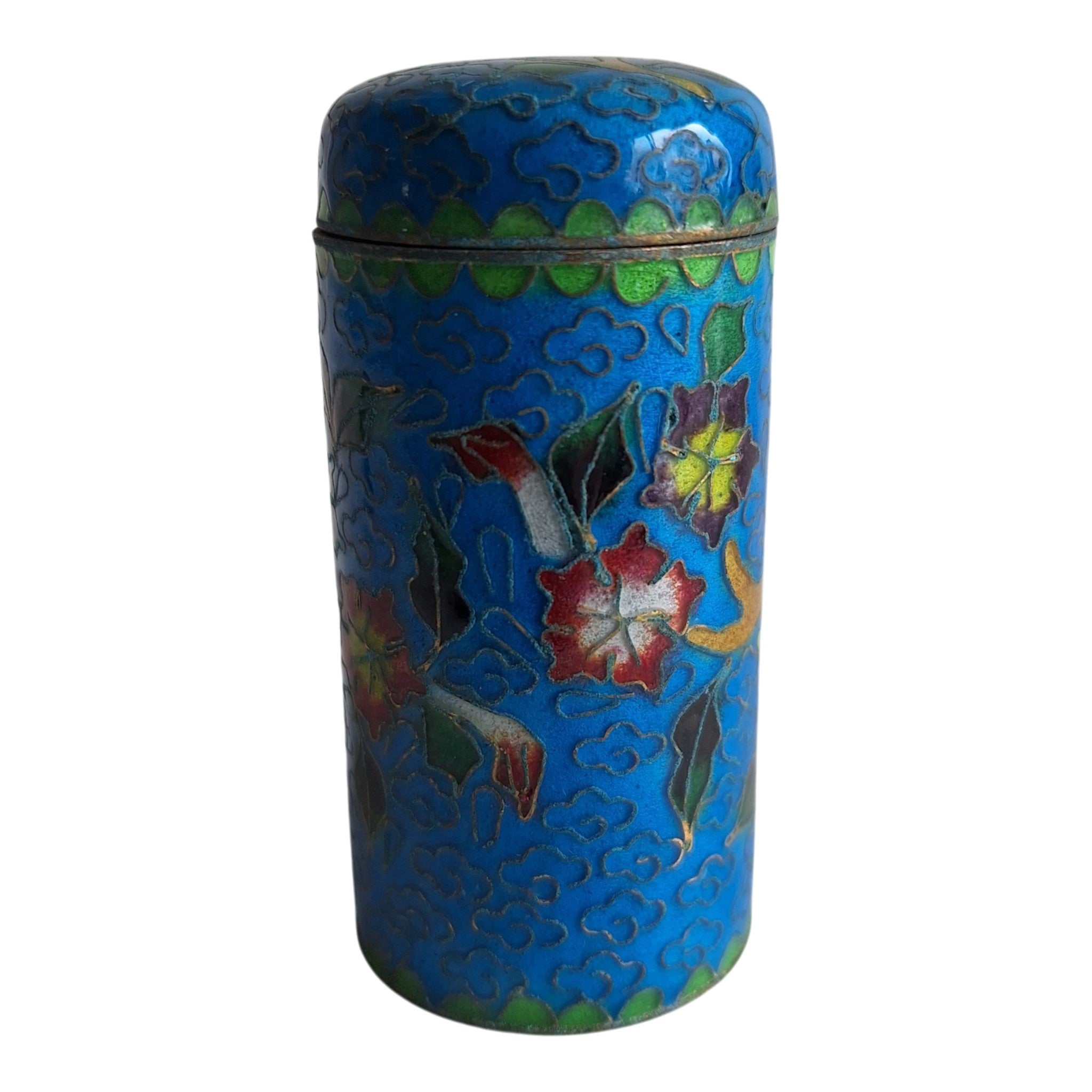 Blaues zylindrisches Cloisonné-Pillendöschen