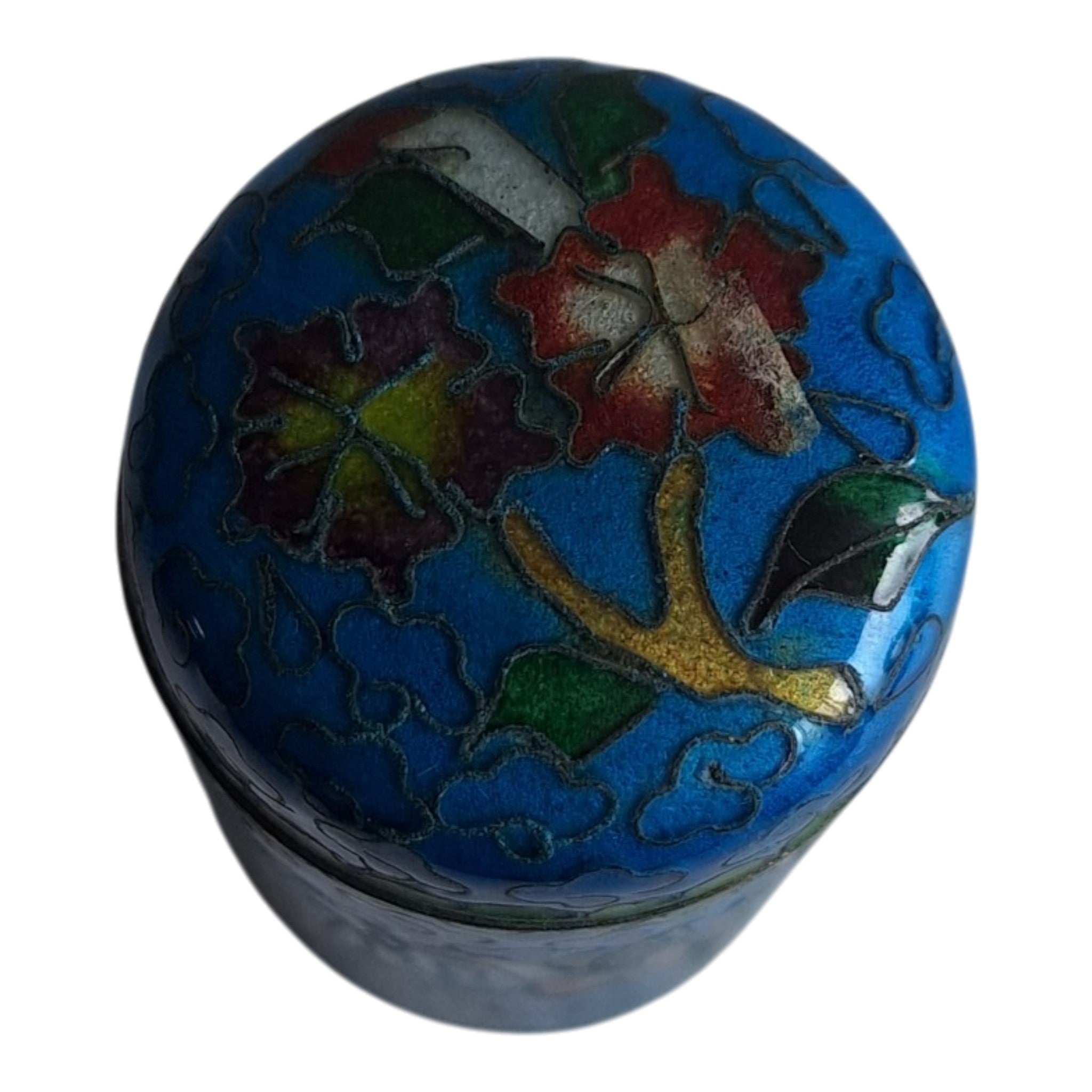 Blaues zylindrisches Cloisonné-Pillendöschen