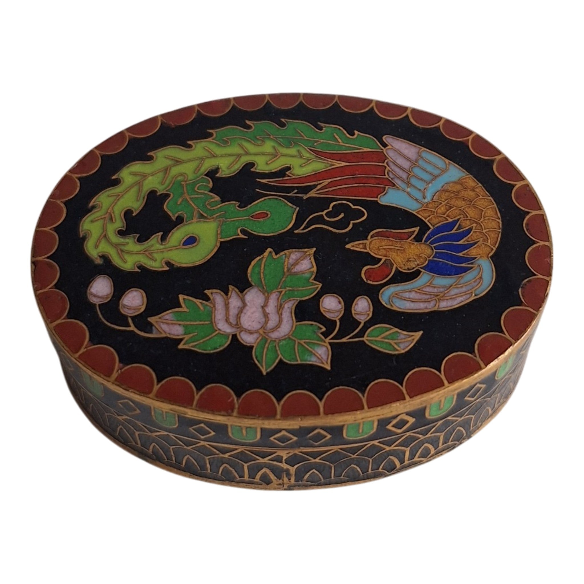 Ovales Cloisonné-Kästchen mit Phönixmotiv