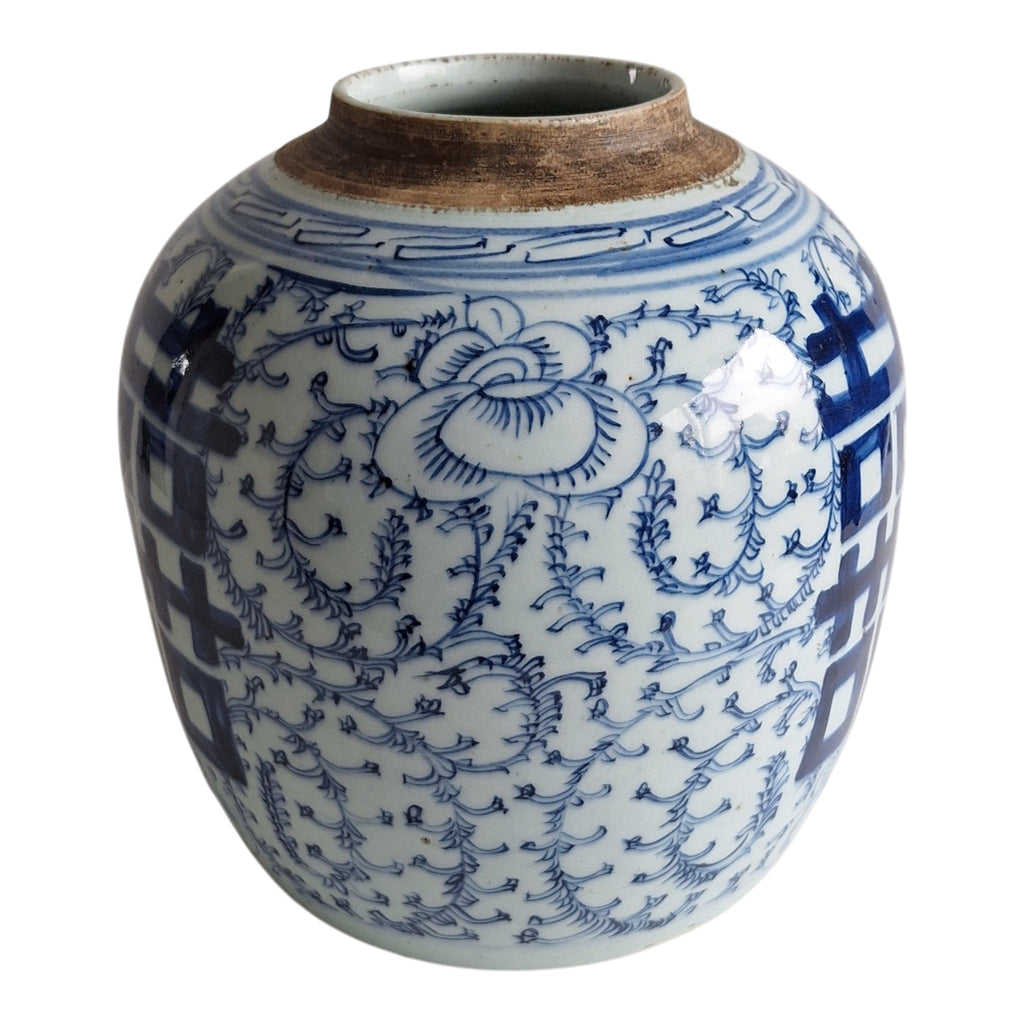 Chinesischer Blau-Weißer Ingwertopf mit Double Happiness Symbol – Qing-Dynastie-Stil