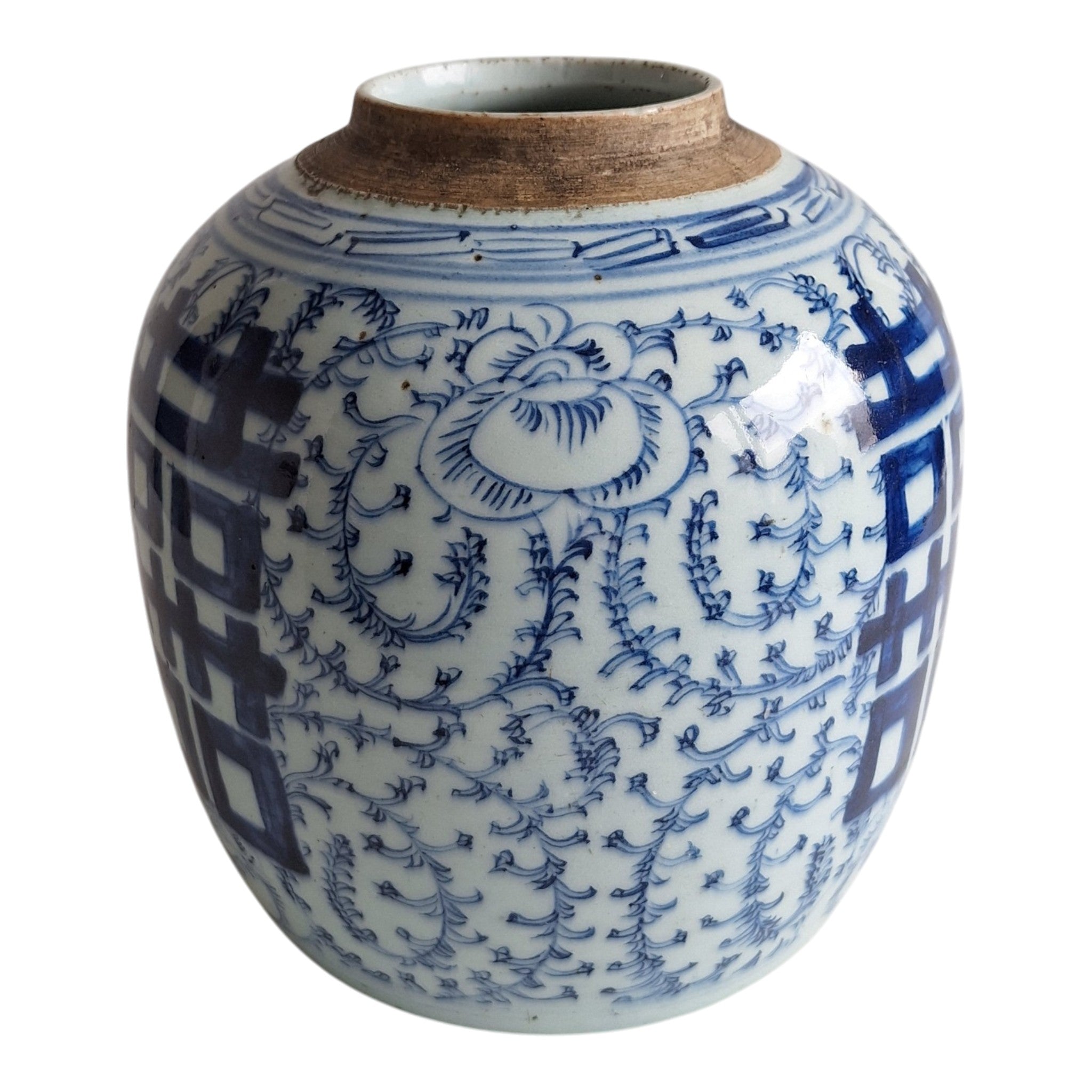 Chinesischer Blau-Weißer Ingwertopf mit Double Happiness Symbol – Qing-Dynastie-Stil