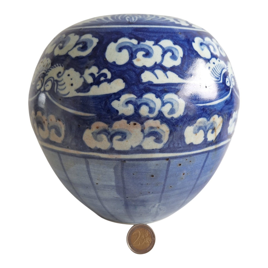 Chinesischer blau-weißer Ingwertopf mit floralen Motiven – Qing-Stil