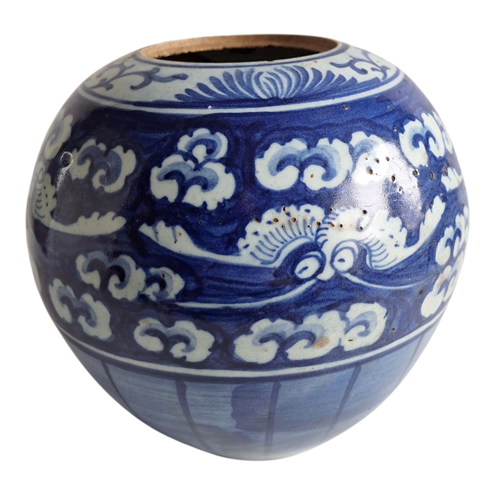 Chinesischer blau-weißer Ingwertopf mit floralen Motiven – Qing-Stil