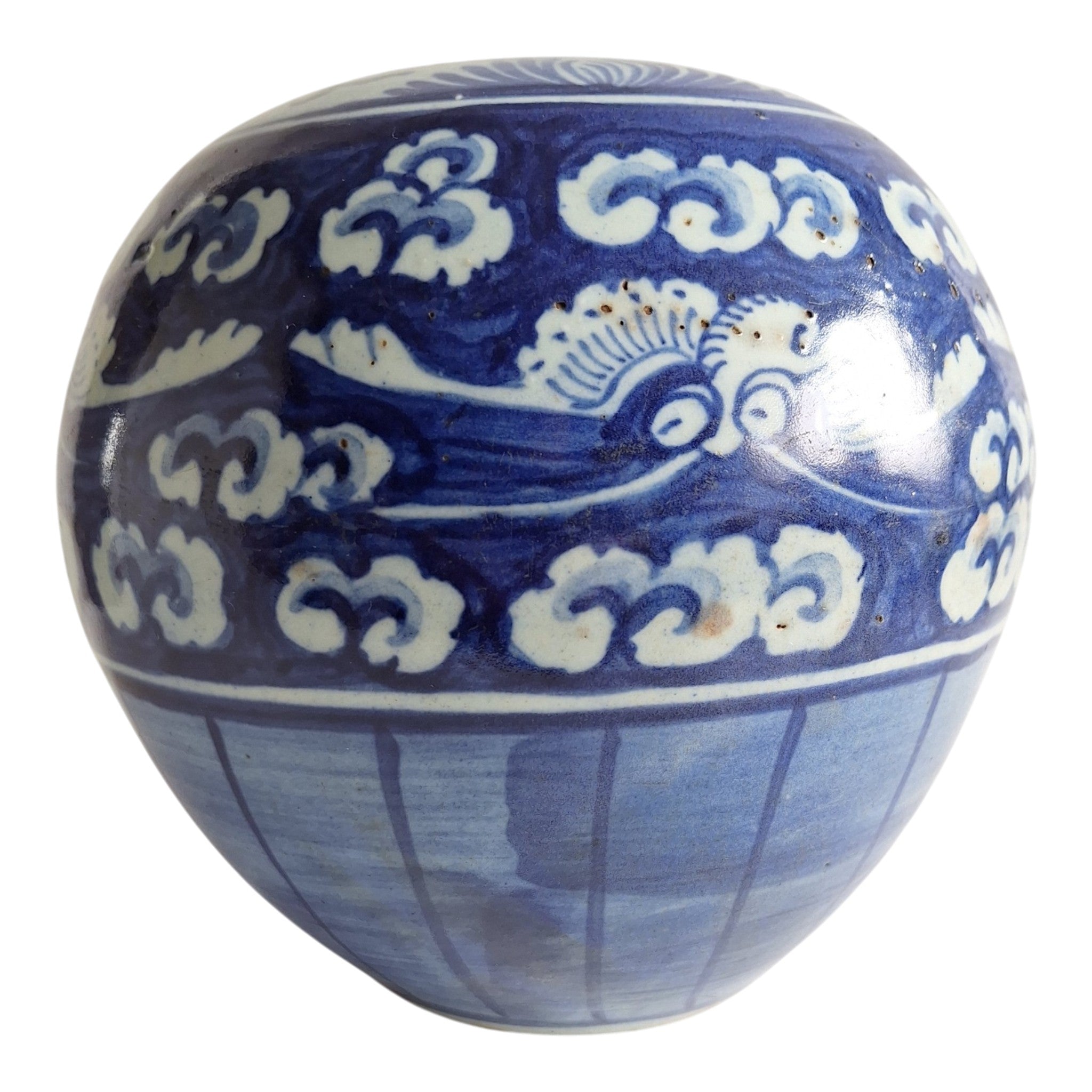 Chinesischer blau-weißer Ingwertopf mit floralen Motiven – Qing-Stil