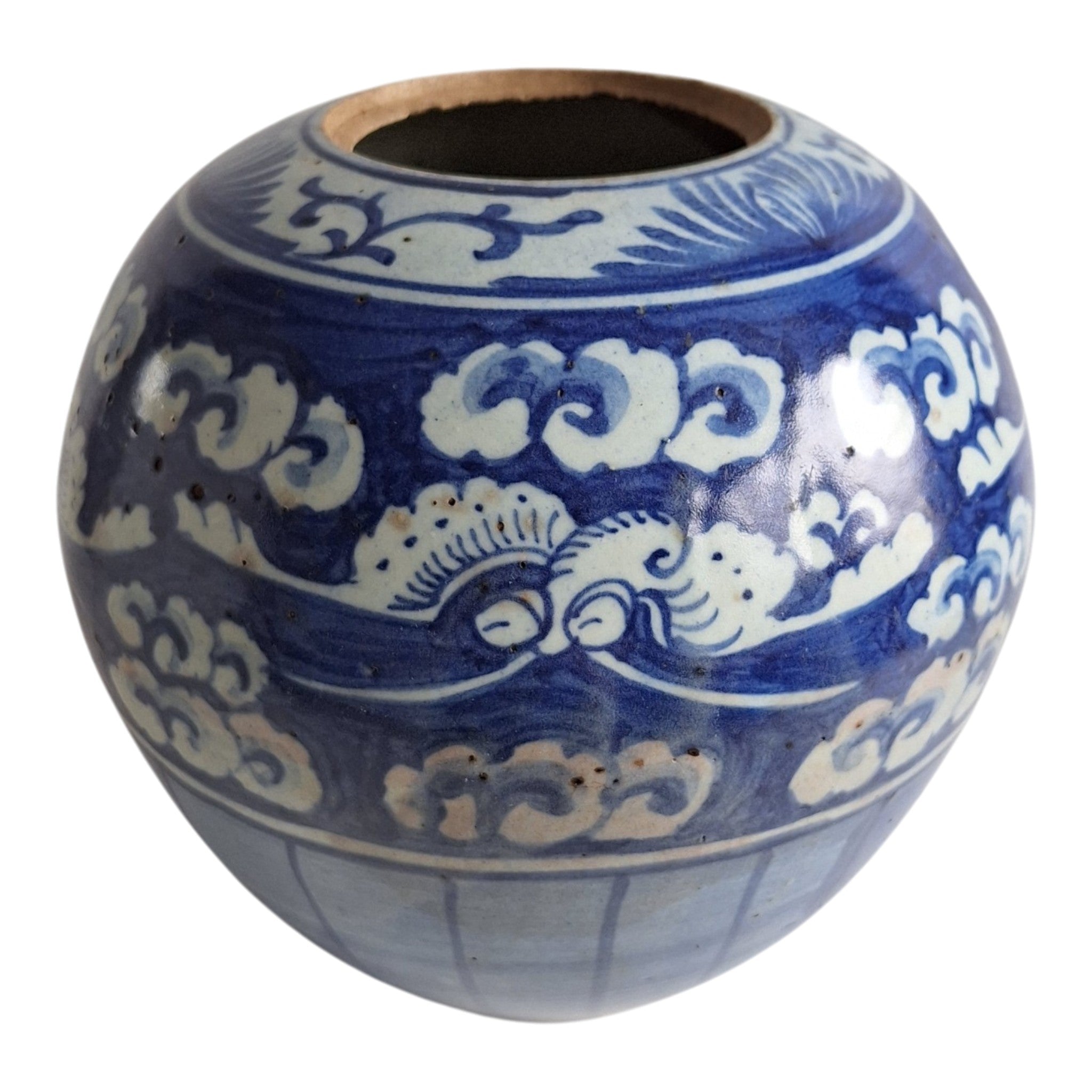 Chinesischer blau-weißer Ingwertopf mit floralen Motiven – Qing-Stil