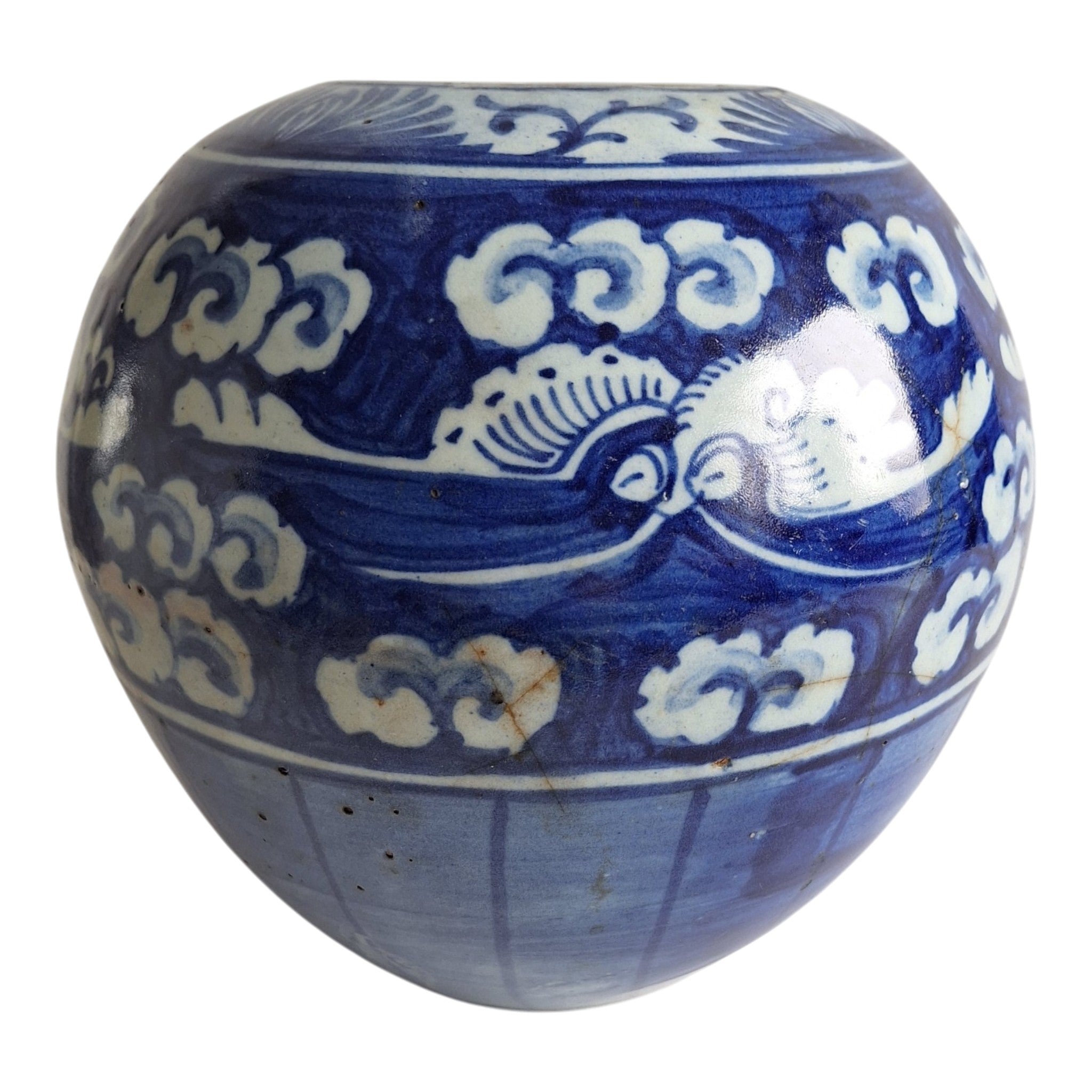 Chinesischer blau-weißer Ingwertopf mit floralen Motiven – Qing-Stil