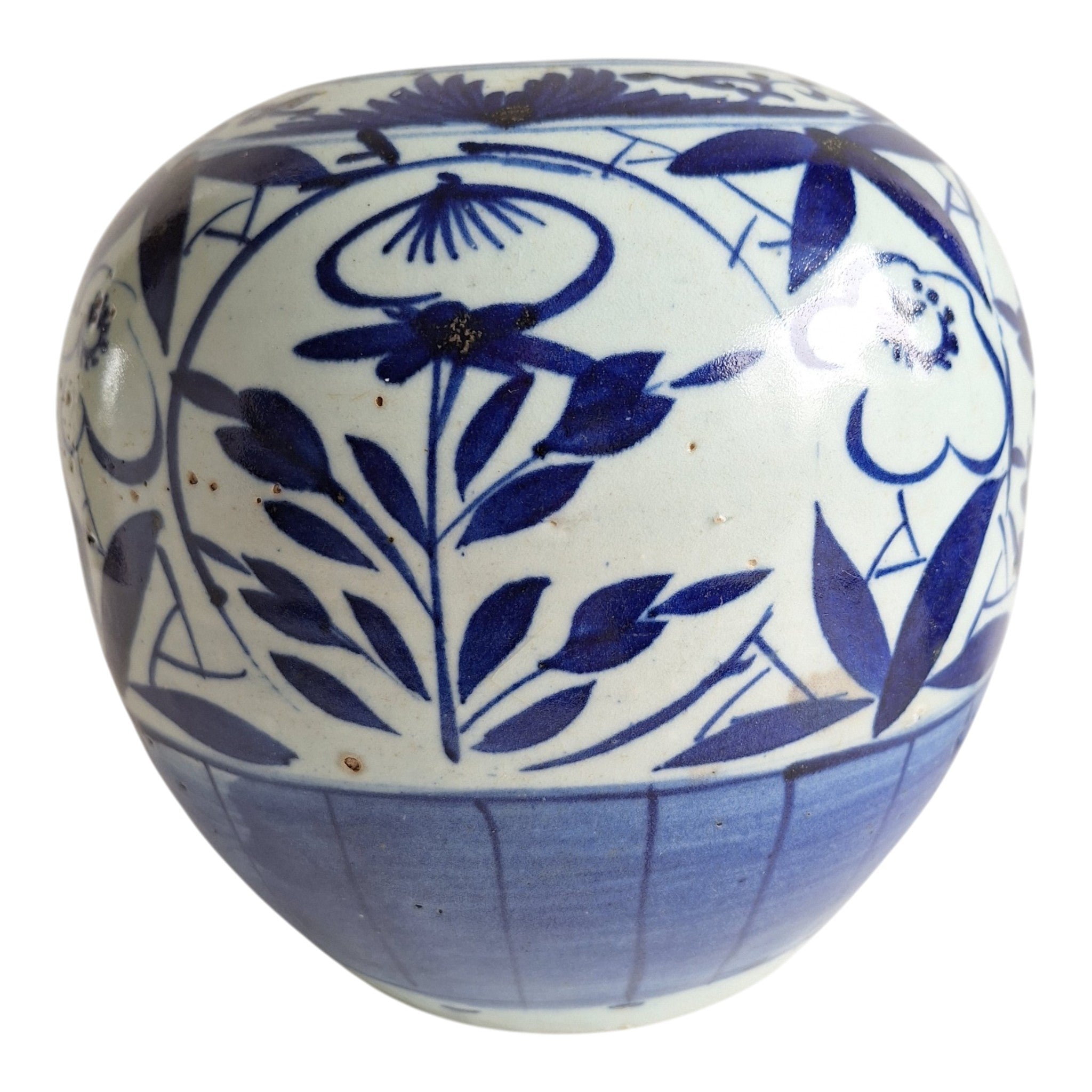 Chinesischer blau-weißer Ingwertopf mit handgemalten Blumenmotiven