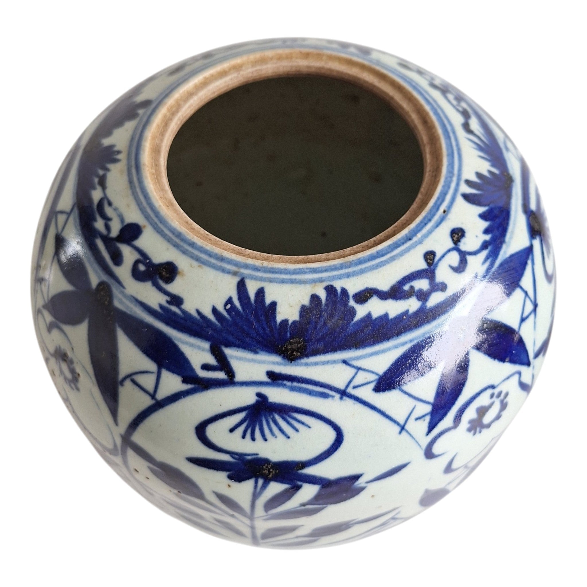 Chinesischer blau-weißer Ingwertopf mit handgemalten Blumenmotiven