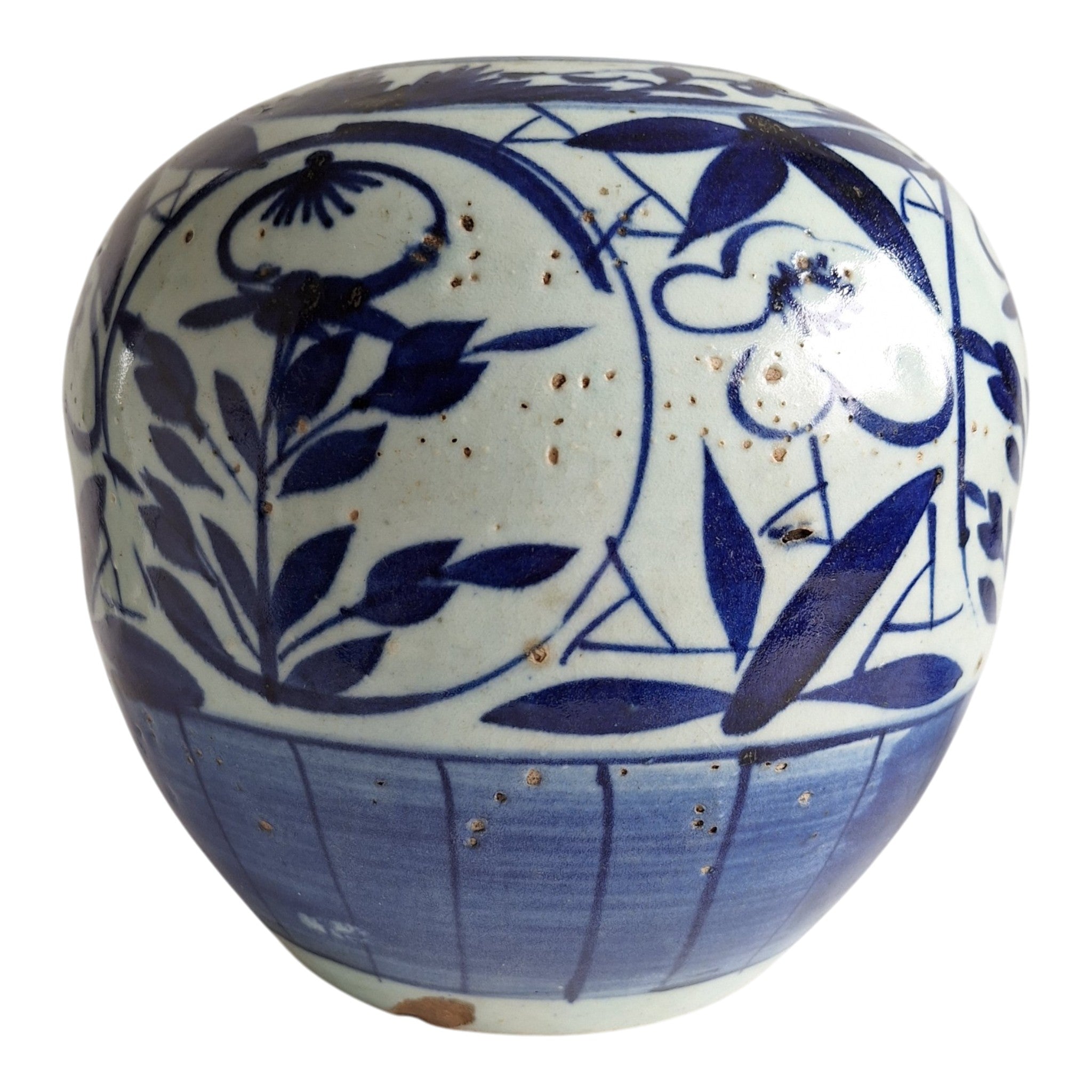 Chinesischer blau-weißer Ingwertopf mit handgemalten Blumenmotiven