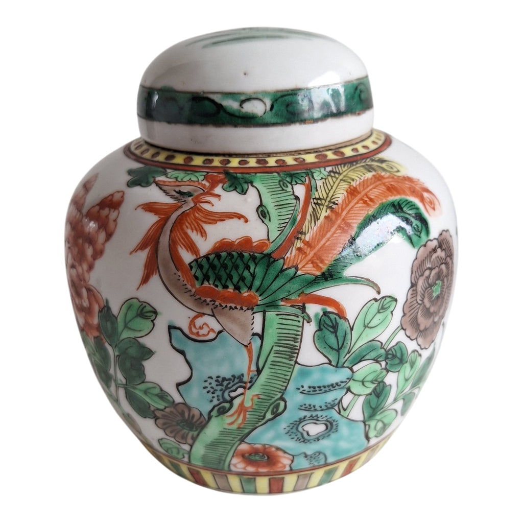 Chinesisches Ingwergefäß mit Deckel, Famille Verte – Phönix und florale Motive