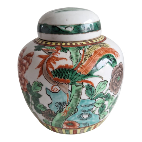 Chinesisches Ingwergefäß mit Deckel, Famille Verte – Phönix und florale Motive