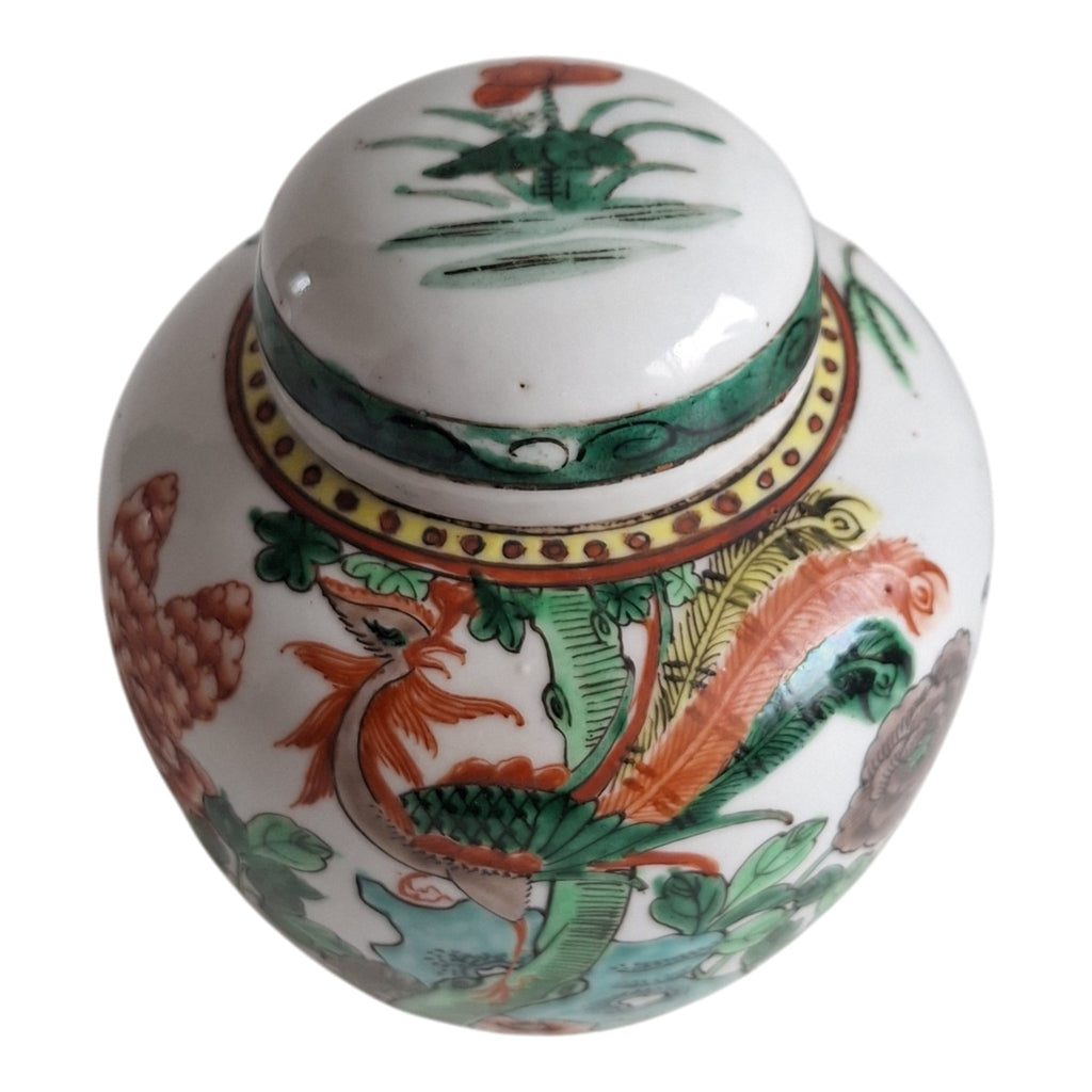 Chinesisches Ingwergefäß mit Deckel, Famille Verte – Phönix und florale Motive