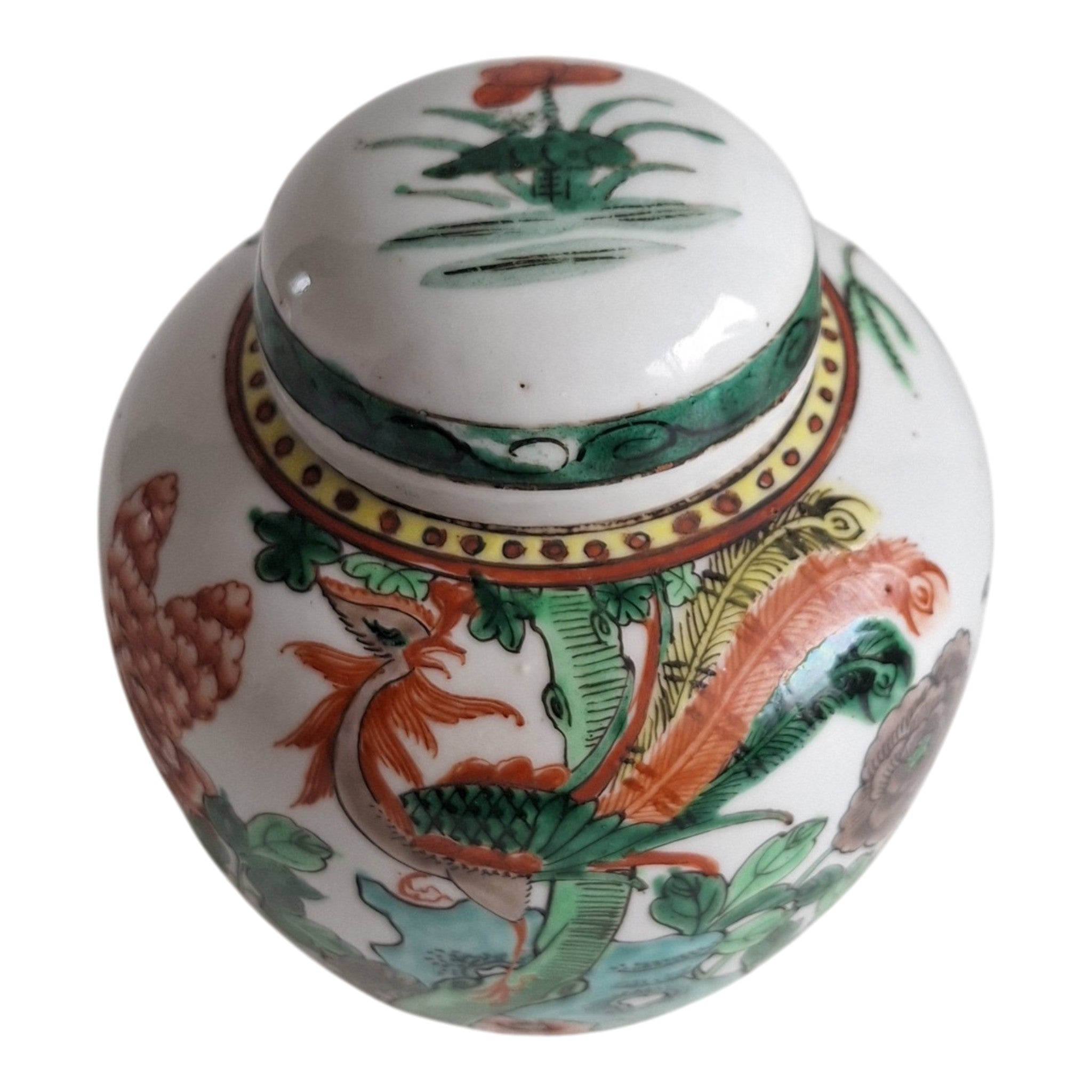 Chinesisches Ingwergefäß mit Deckel, Famille Verte – Phönix und florale Motive