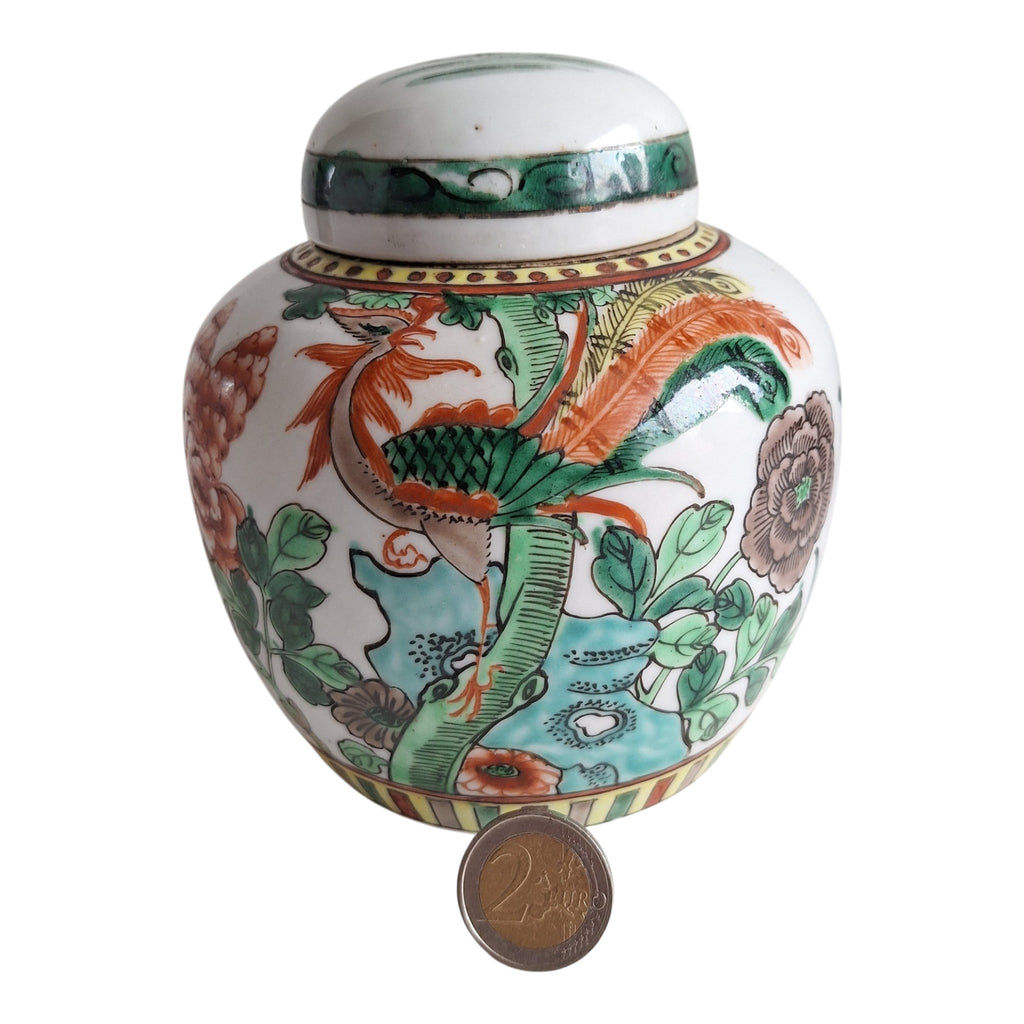 Chinesisches Ingwergefäß mit Deckel, Famille Verte – Phönix und florale Motive