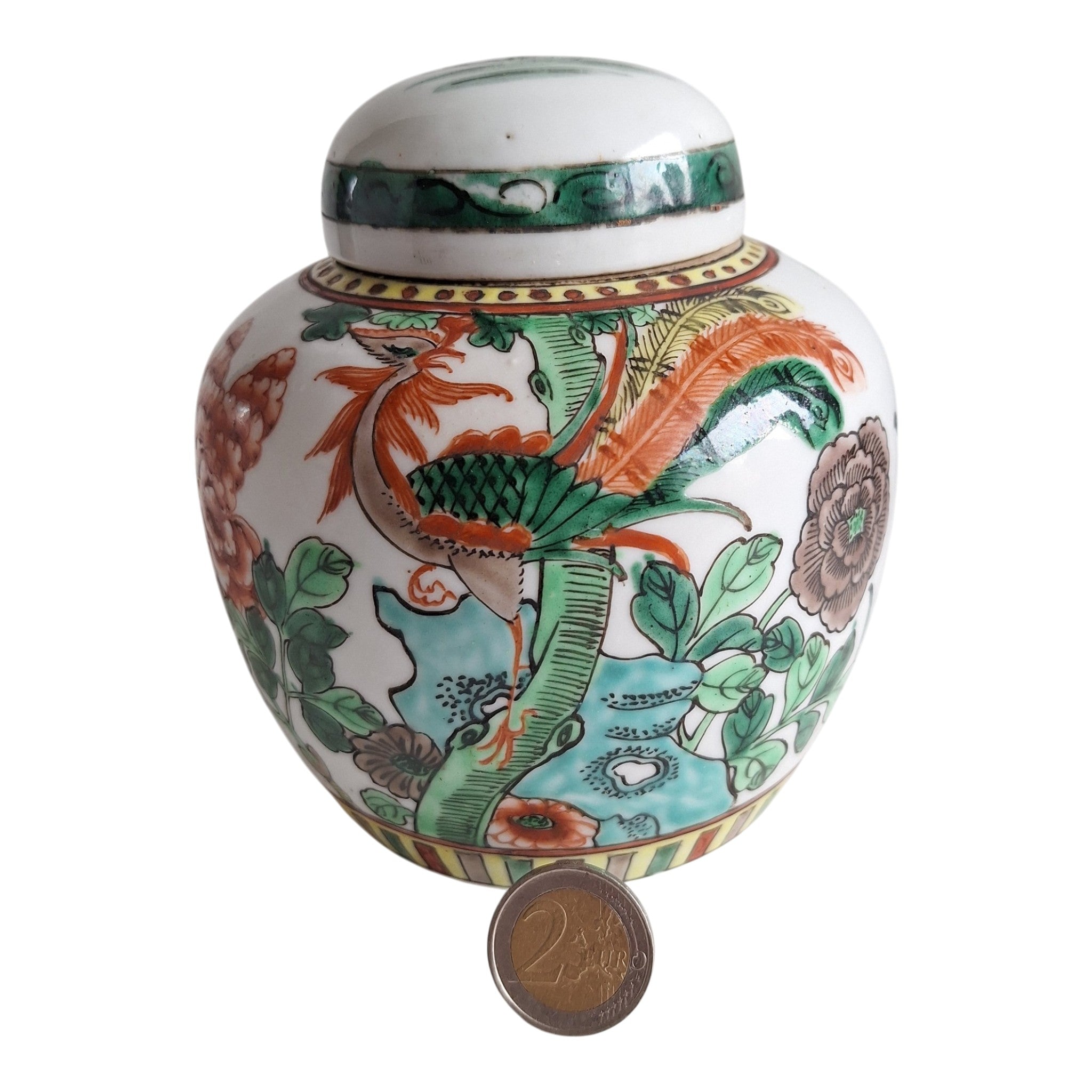 Chinesisches Ingwergefäß mit Deckel, Famille Verte – Phönix und florale Motive