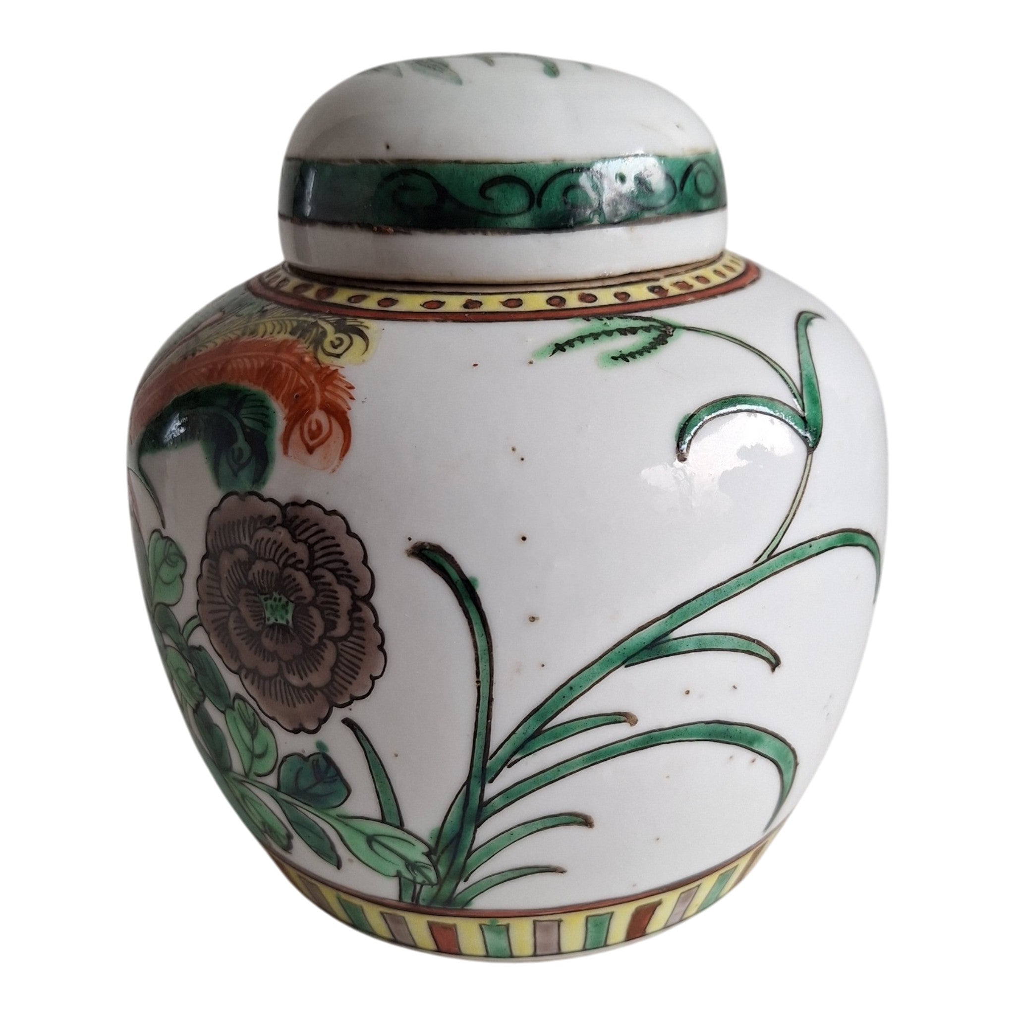 Chinesisches Ingwergefäß mit Deckel, Famille Verte – Phönix und florale Motive