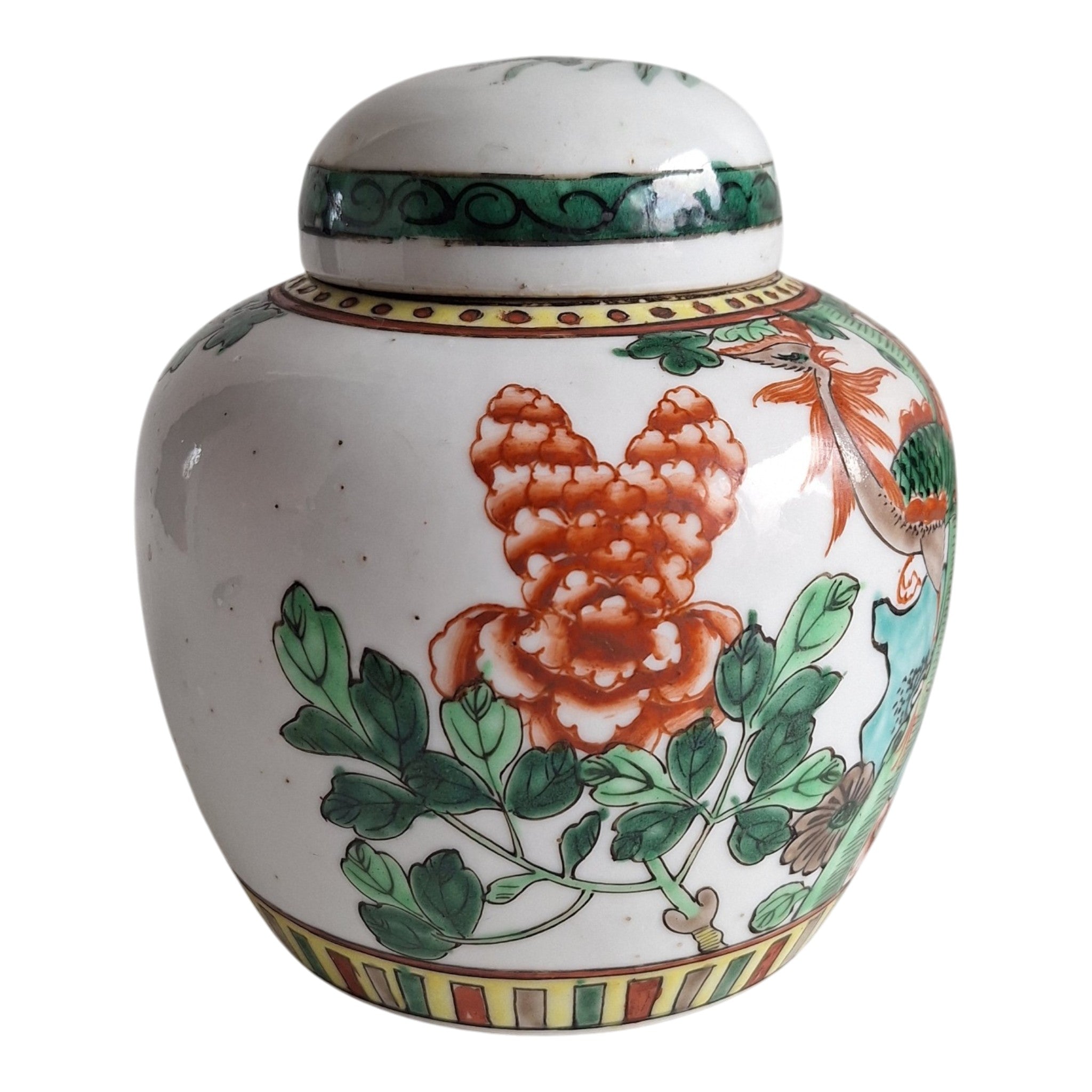 Chinesisches Ingwergefäß mit Deckel, Famille Verte – Phönix und florale Motive