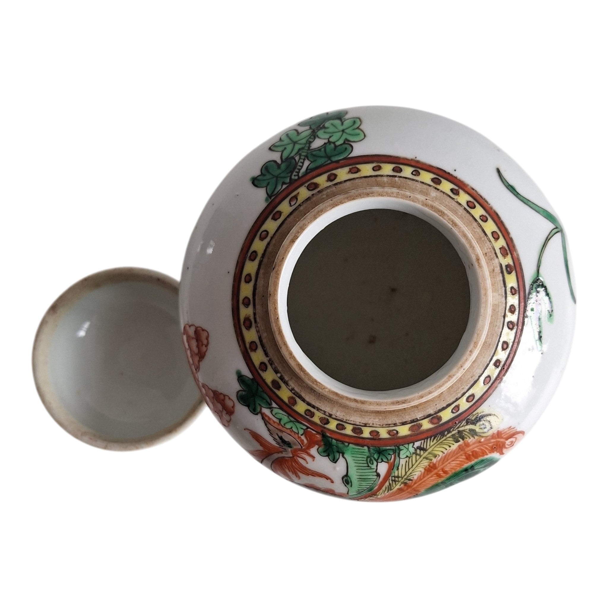 Chinesisches Ingwergefäß mit Deckel, Famille Verte – Phönix und florale Motive