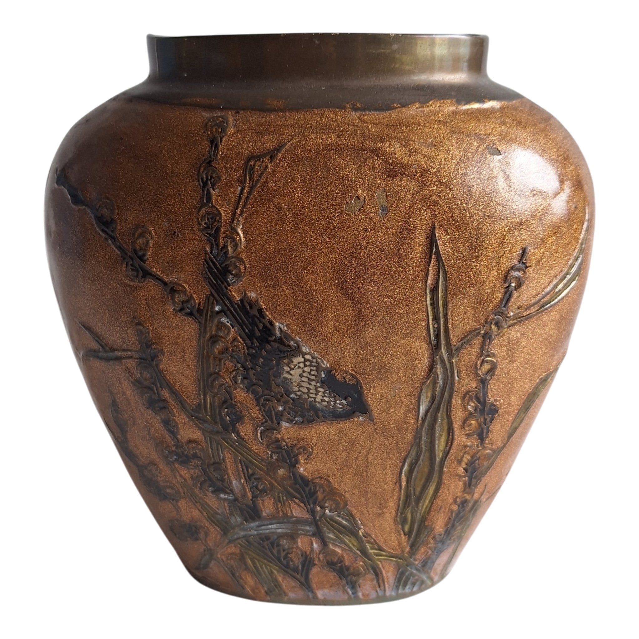 Messingvase mit Email und Vogelmotiv