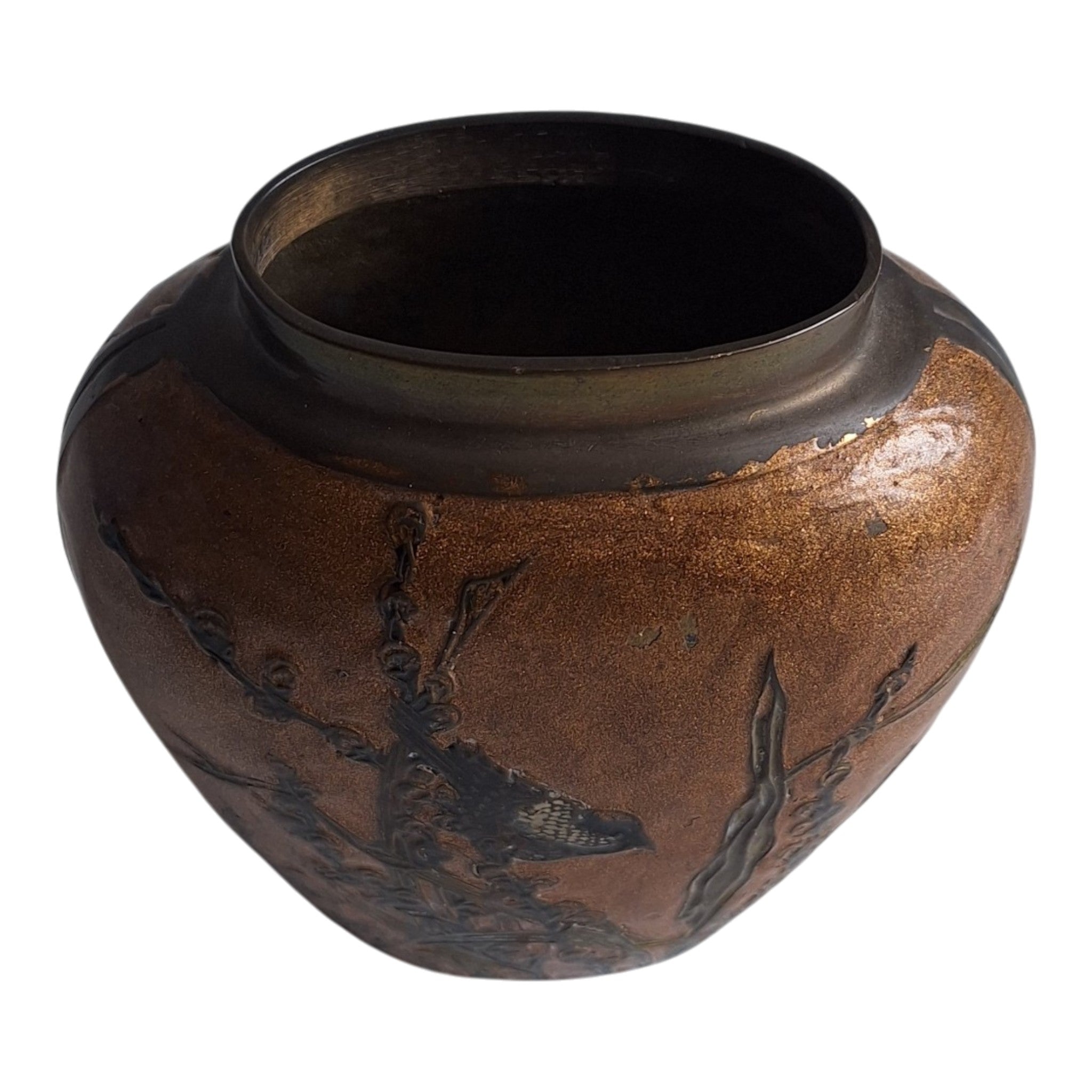 Messingvase mit Email und Vogelmotiv