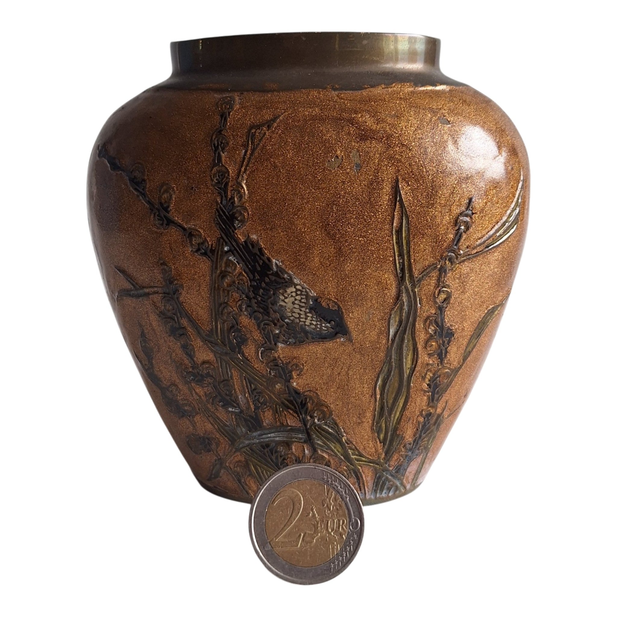 Messingvase mit Email und Vogelmotiv