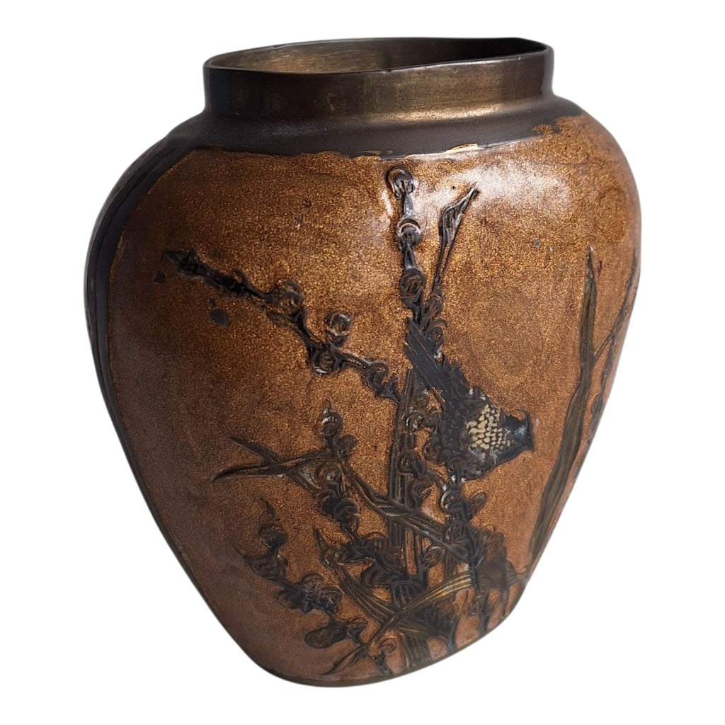 Brass Vase with Enamel and Bird Motif