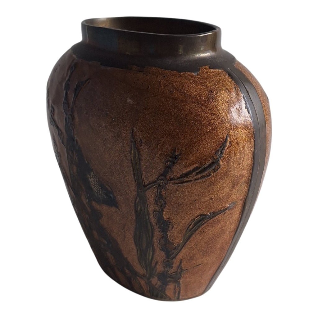 Brass Vase with Enamel and Bird Motif