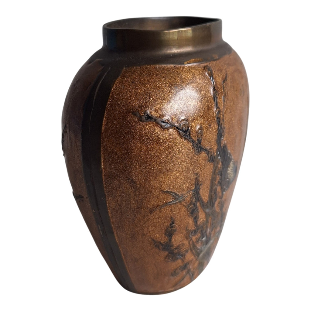 Brass Vase with Enamel and Bird Motif