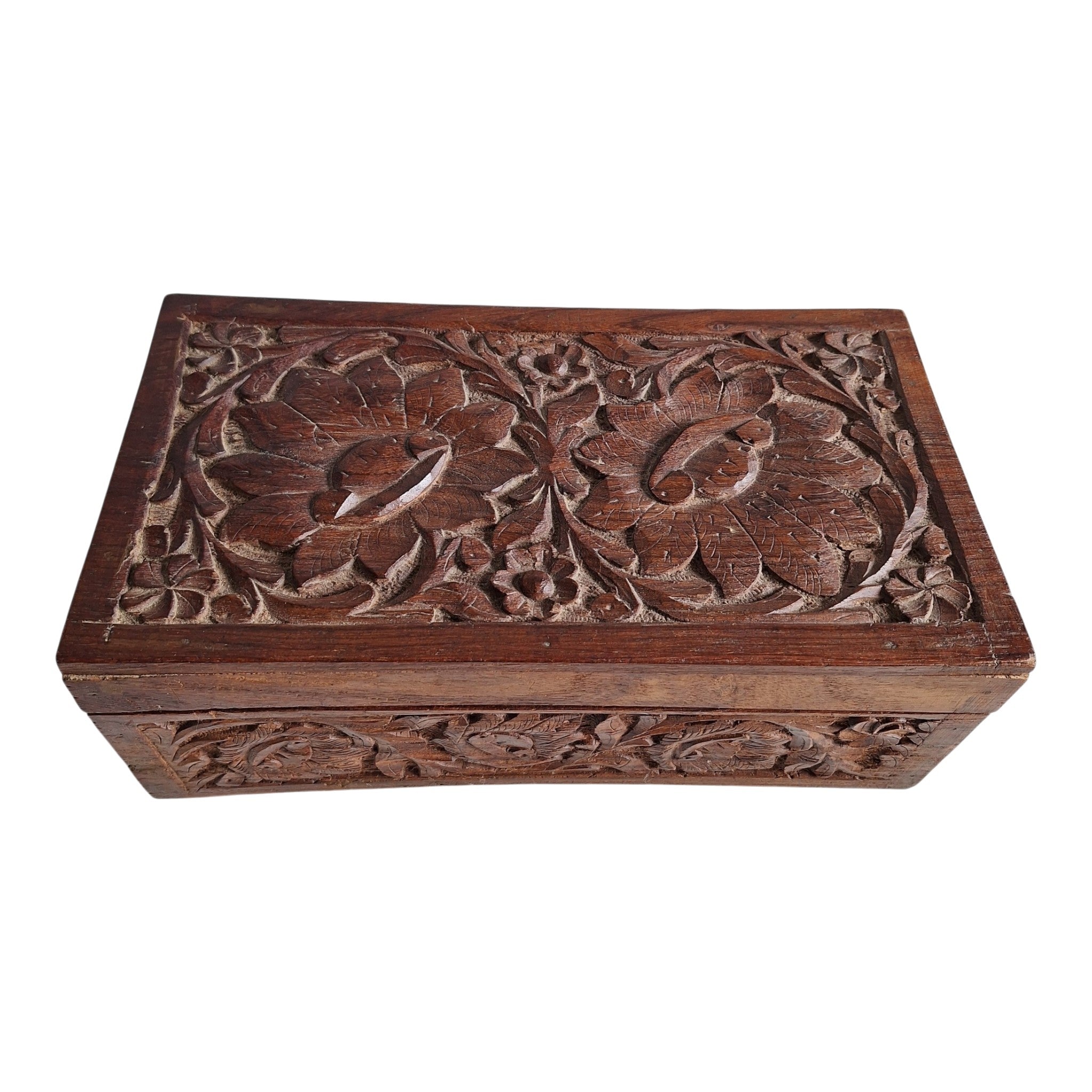 Handgeschnitzte Schmuckschatulle aus Holz Indien mit Blumenmuster