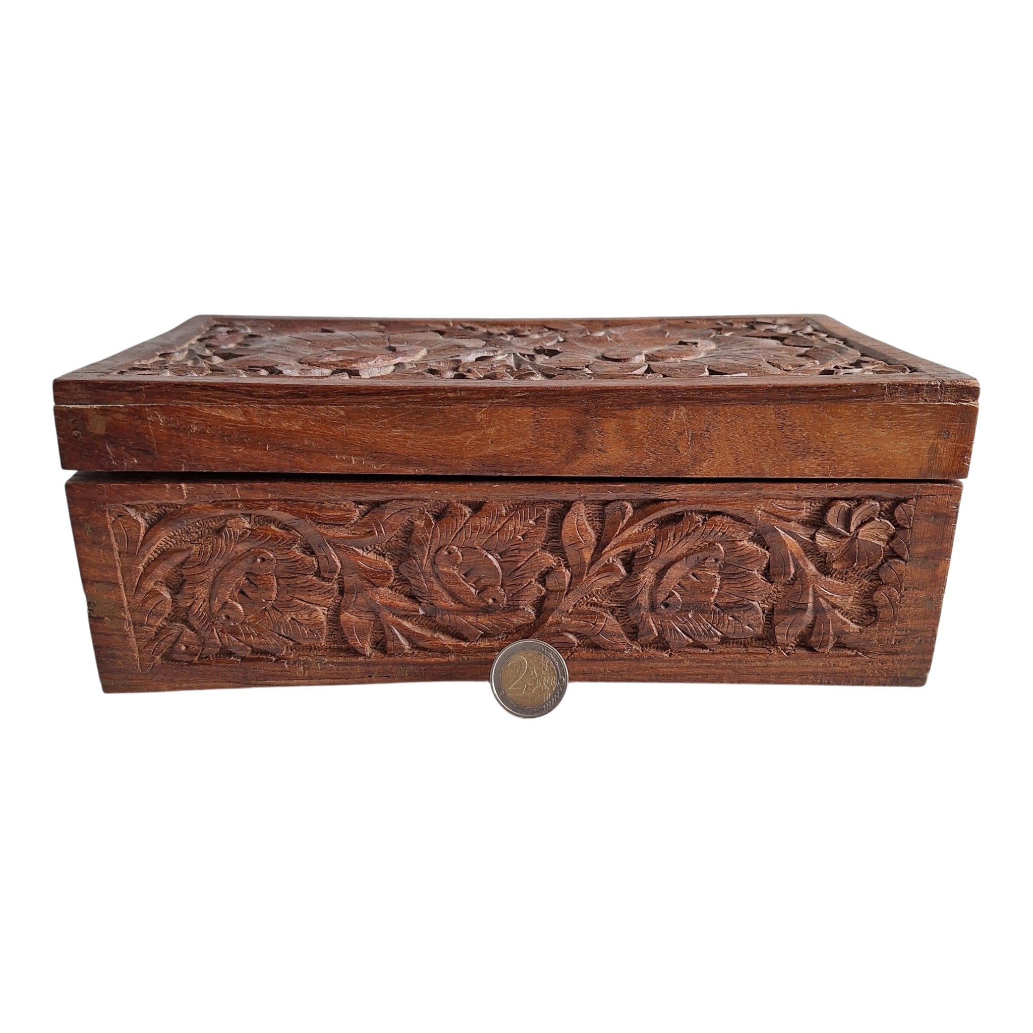 Handgeschnitzte Schmuckschatulle aus Holz Indien mit Blumenmuster