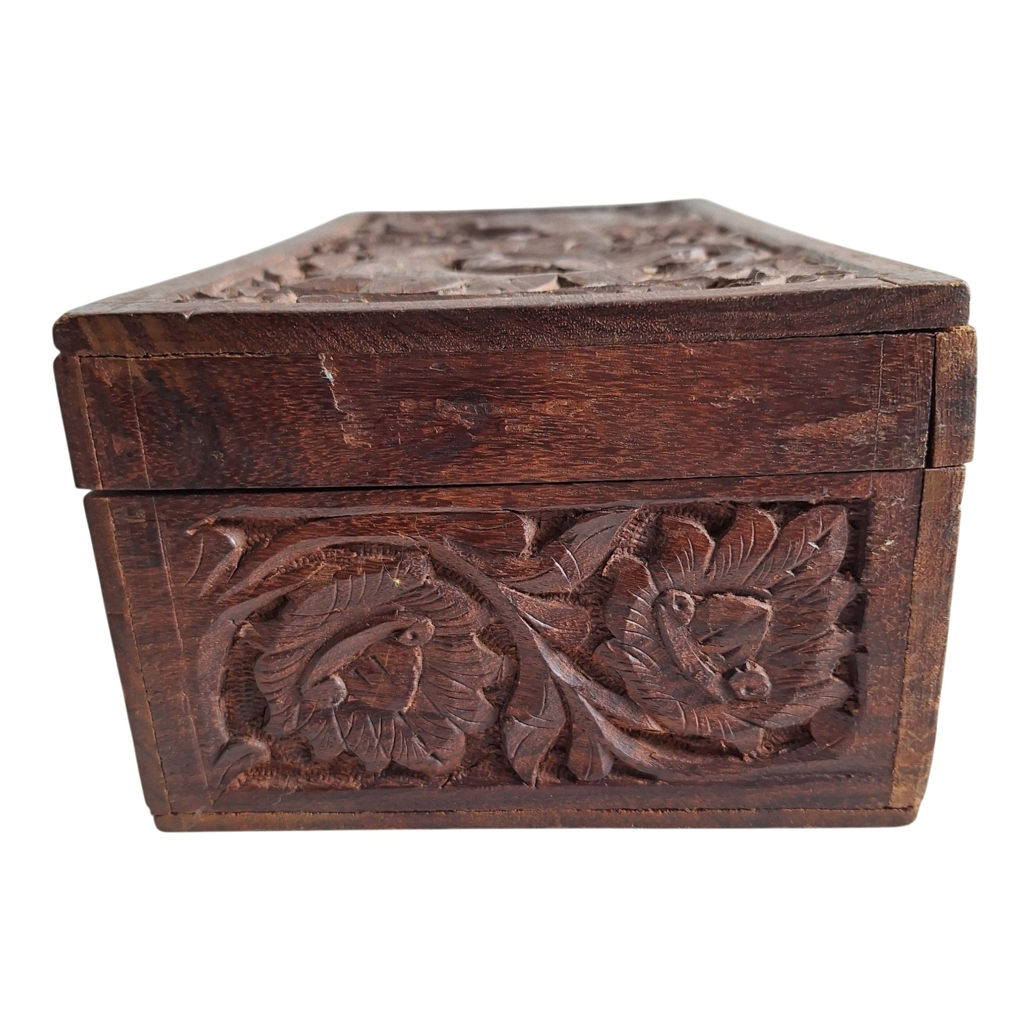 Handgeschnitzte Schmuckschatulle aus Holz Indien mit Blumenmuster