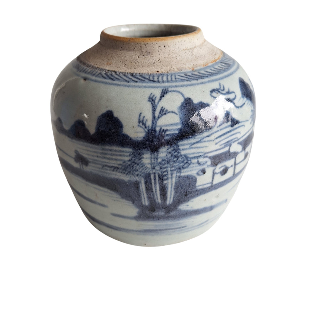 Antieke Chinese Blauw-Witte Gemberpot met Rivierlandschap
