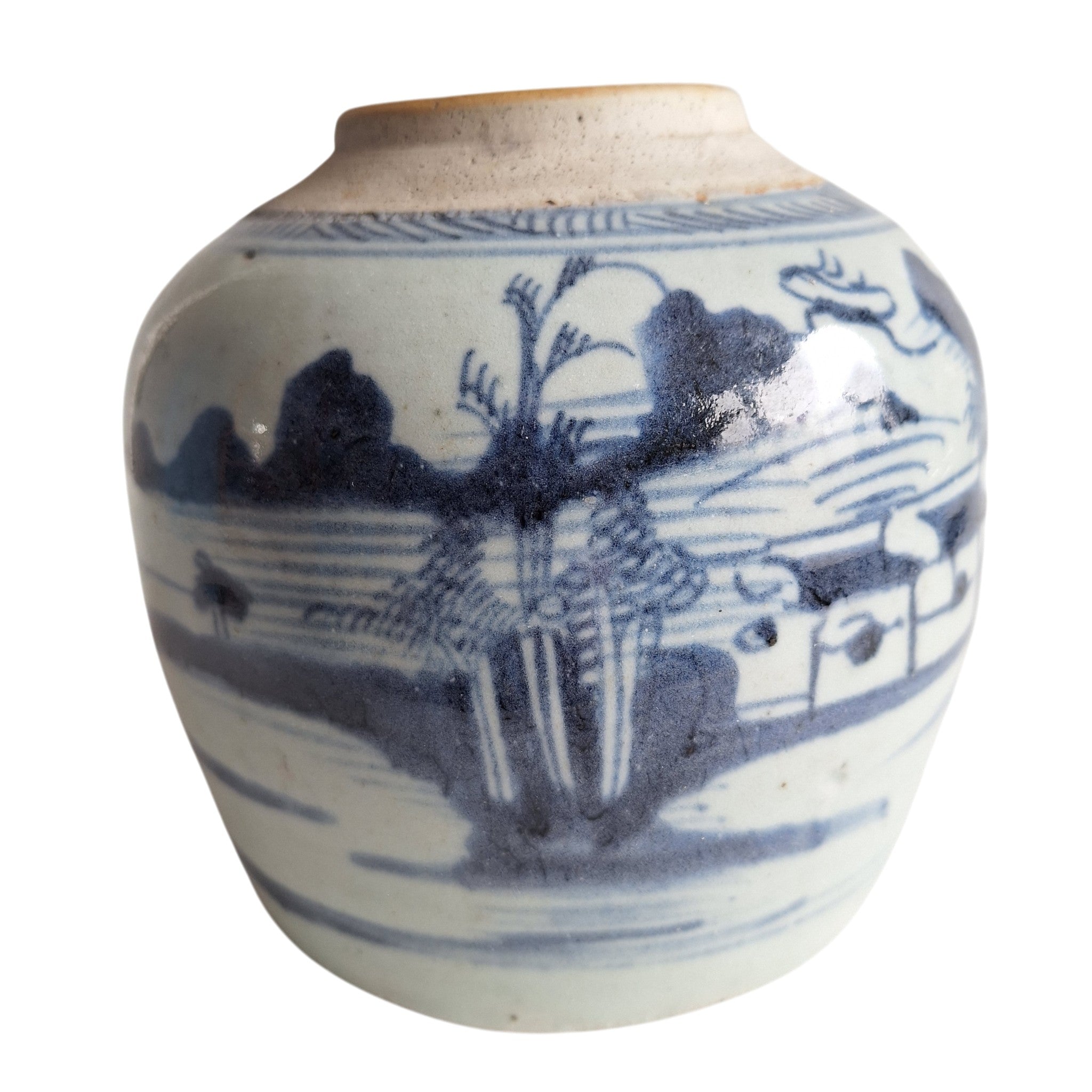 Antieke Chinese Blauw-Witte Gemberpot met Rivierlandschap