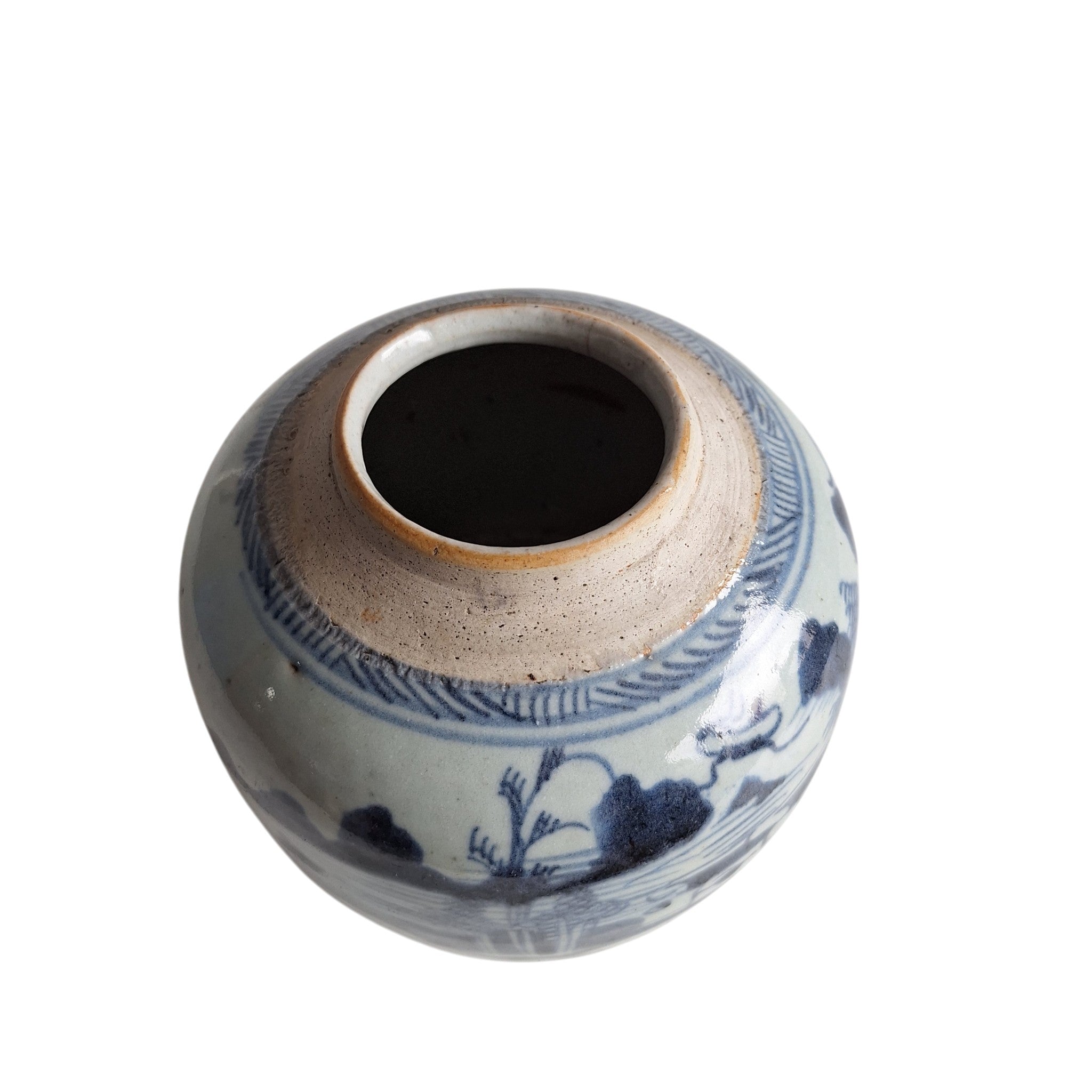Antieke Chinese Blauw-Witte Gemberpot met Rivierlandschap