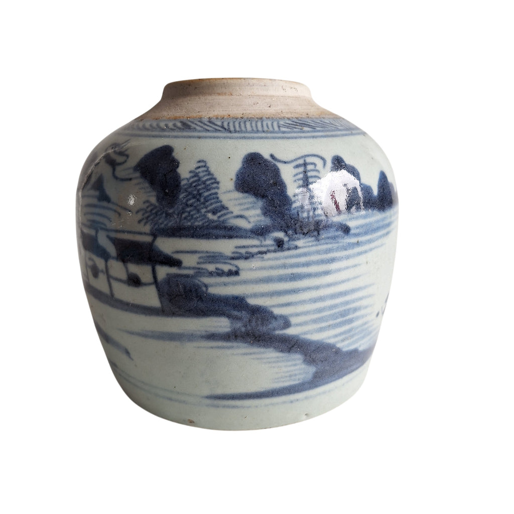 Antieke Chinese Blauw-Witte Gemberpot met Rivierlandschap