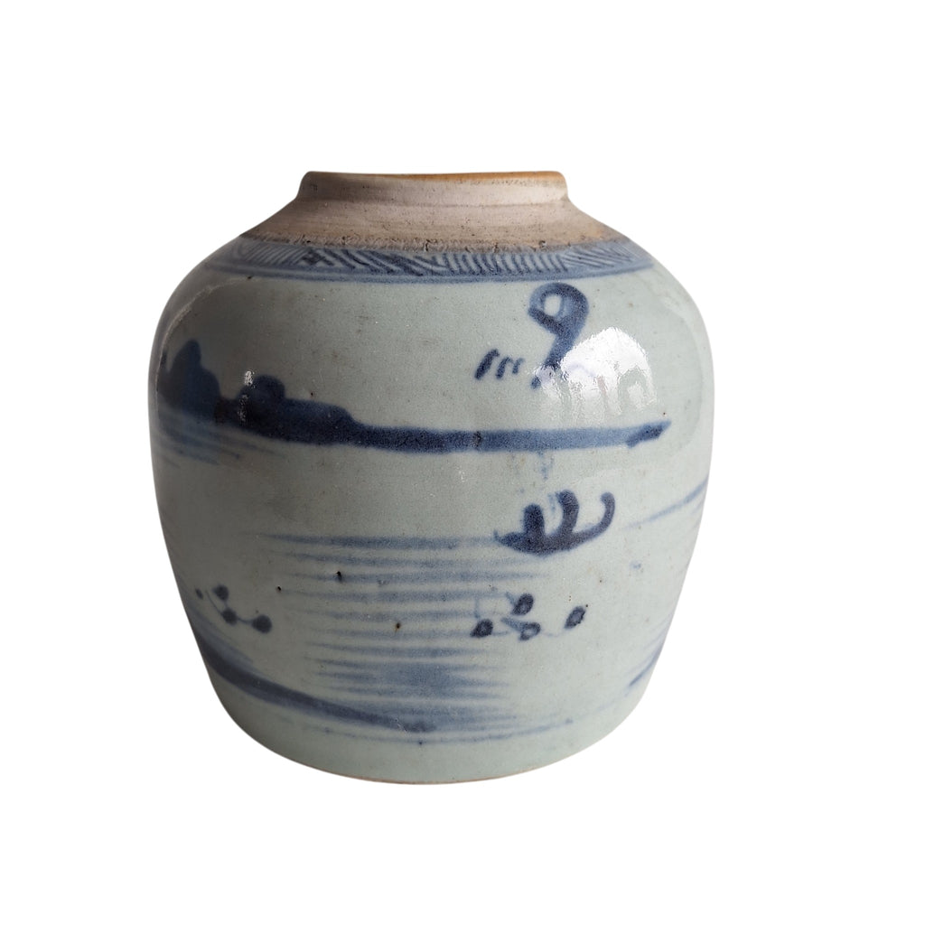 Antieke Chinese Blauw-Witte Gemberpot met Rivierlandschap