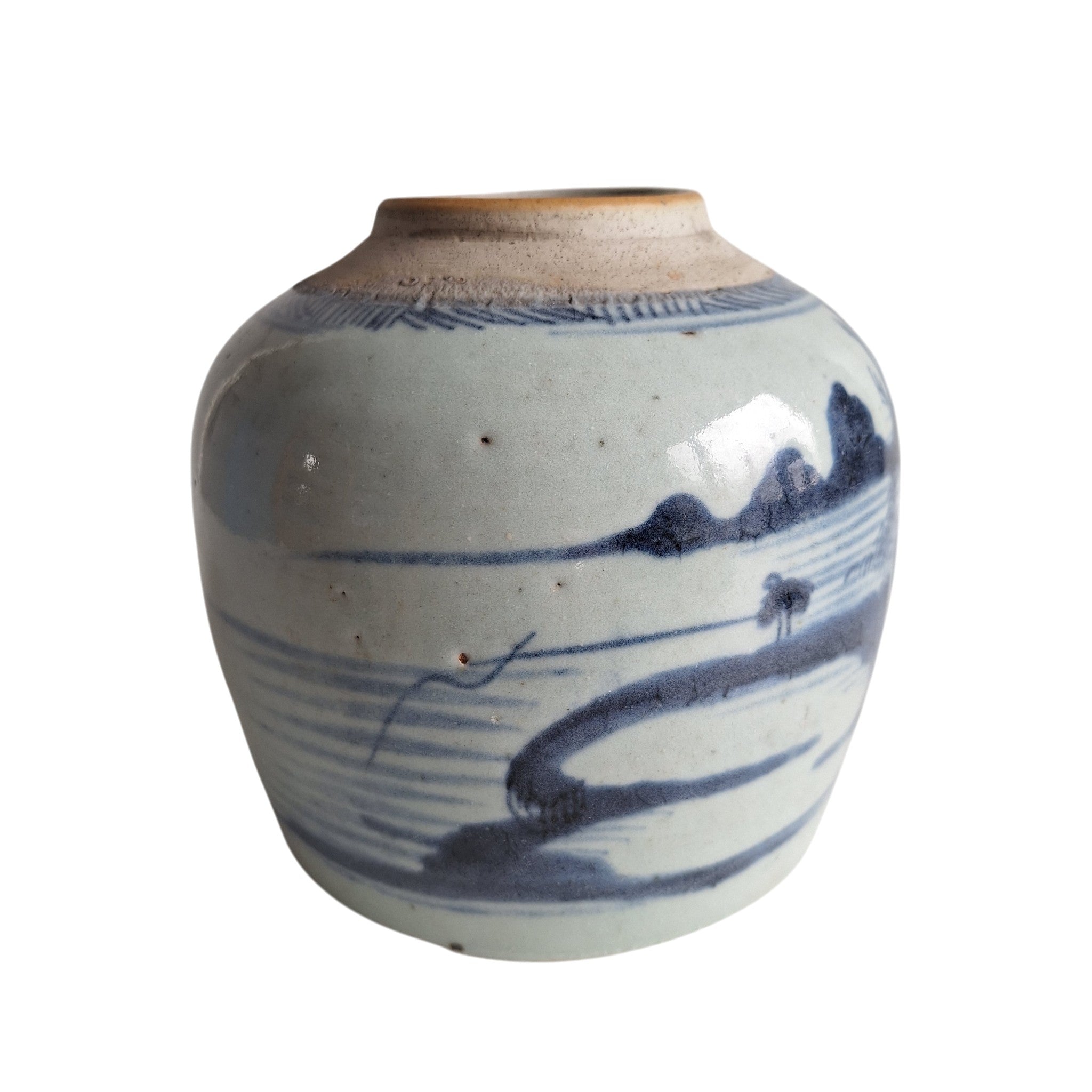 Antieke Chinese Blauw-Witte Gemberpot met Rivierlandschap
