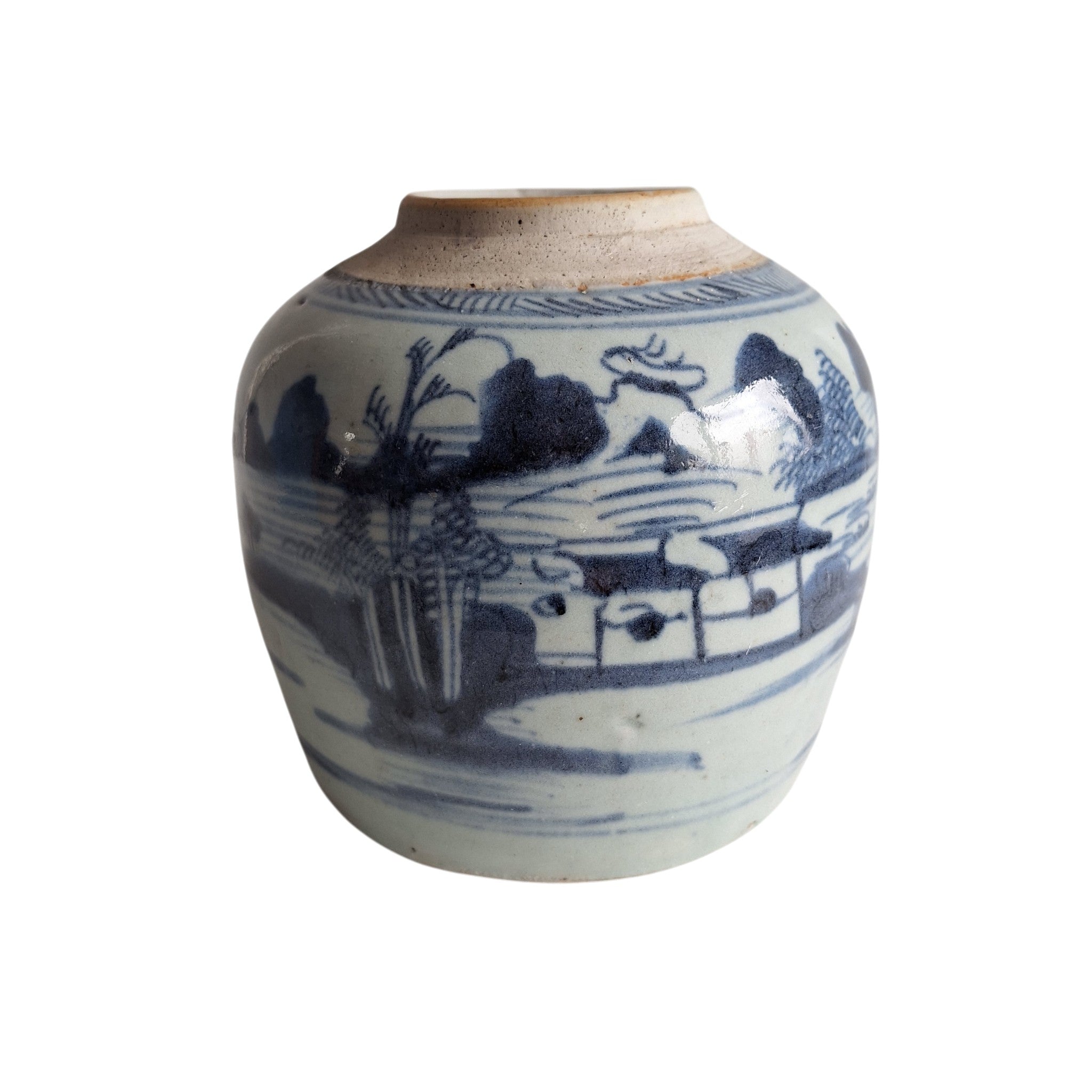 Antieke Chinese Blauw-Witte Gemberpot met Rivierlandschap