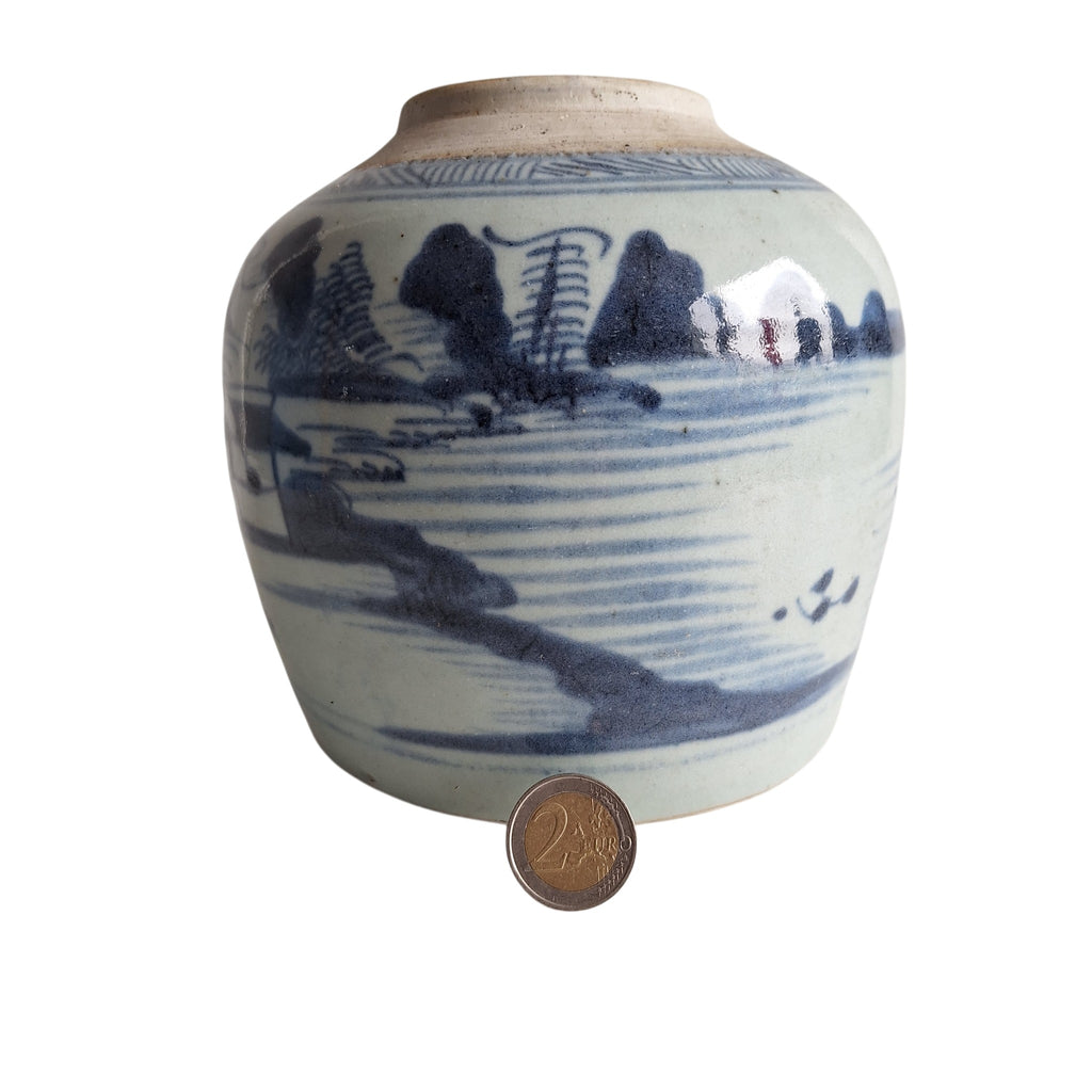 Antieke Chinese Blauw-Witte Gemberpot met Rivierlandschap
