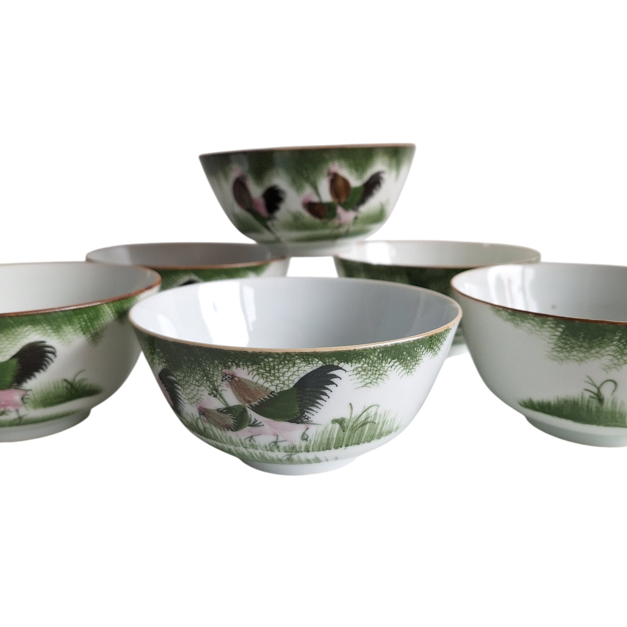 Set van 6 Antieke Chinese porseleinen kommen, vaak aangeduid als "haan-kommen" (of Ji Gong Wan)