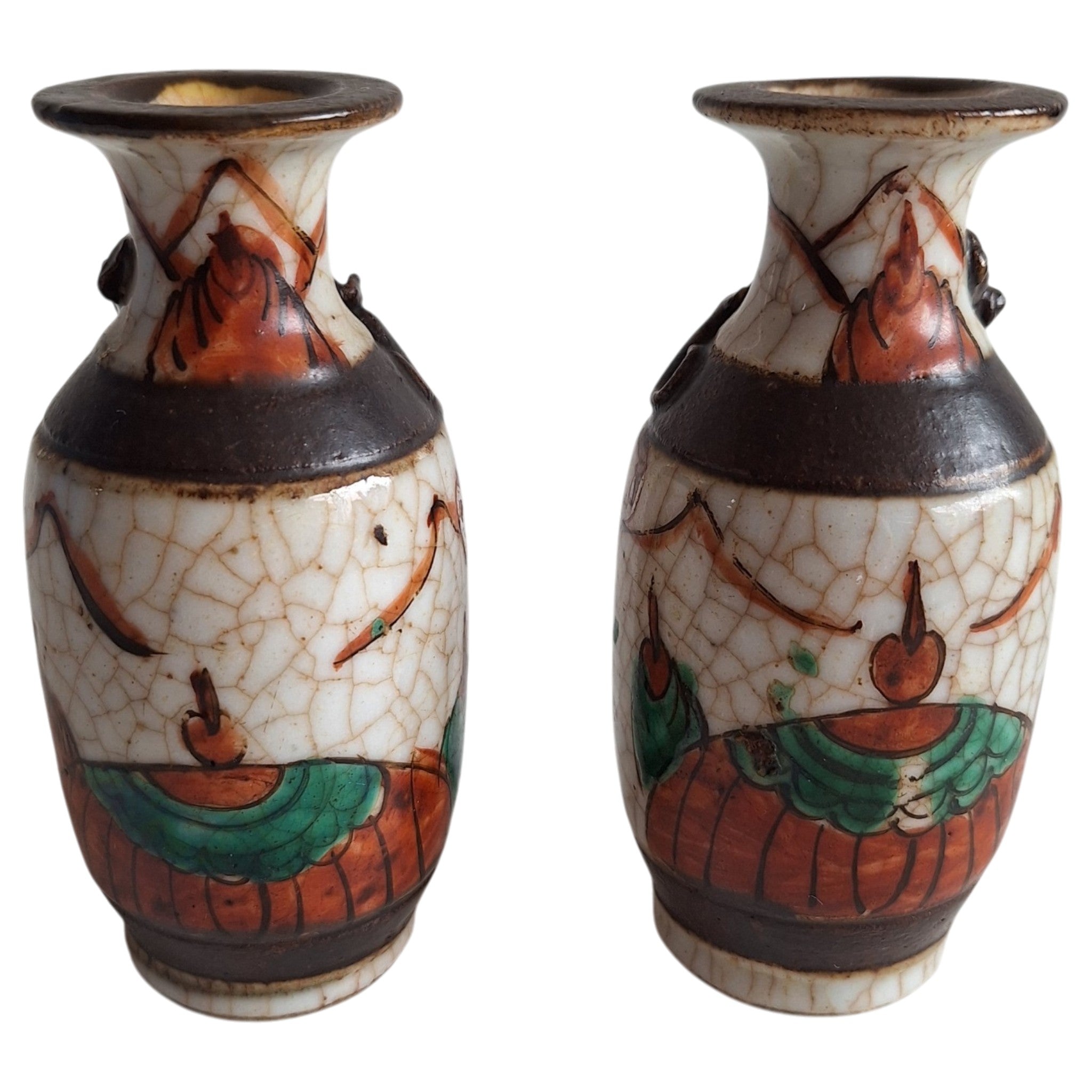 Set van 2 Nanking Stijl Miniatuurvaasjes – Chinees Porselein met Krijgersfiguren en Craquelé Glazuur