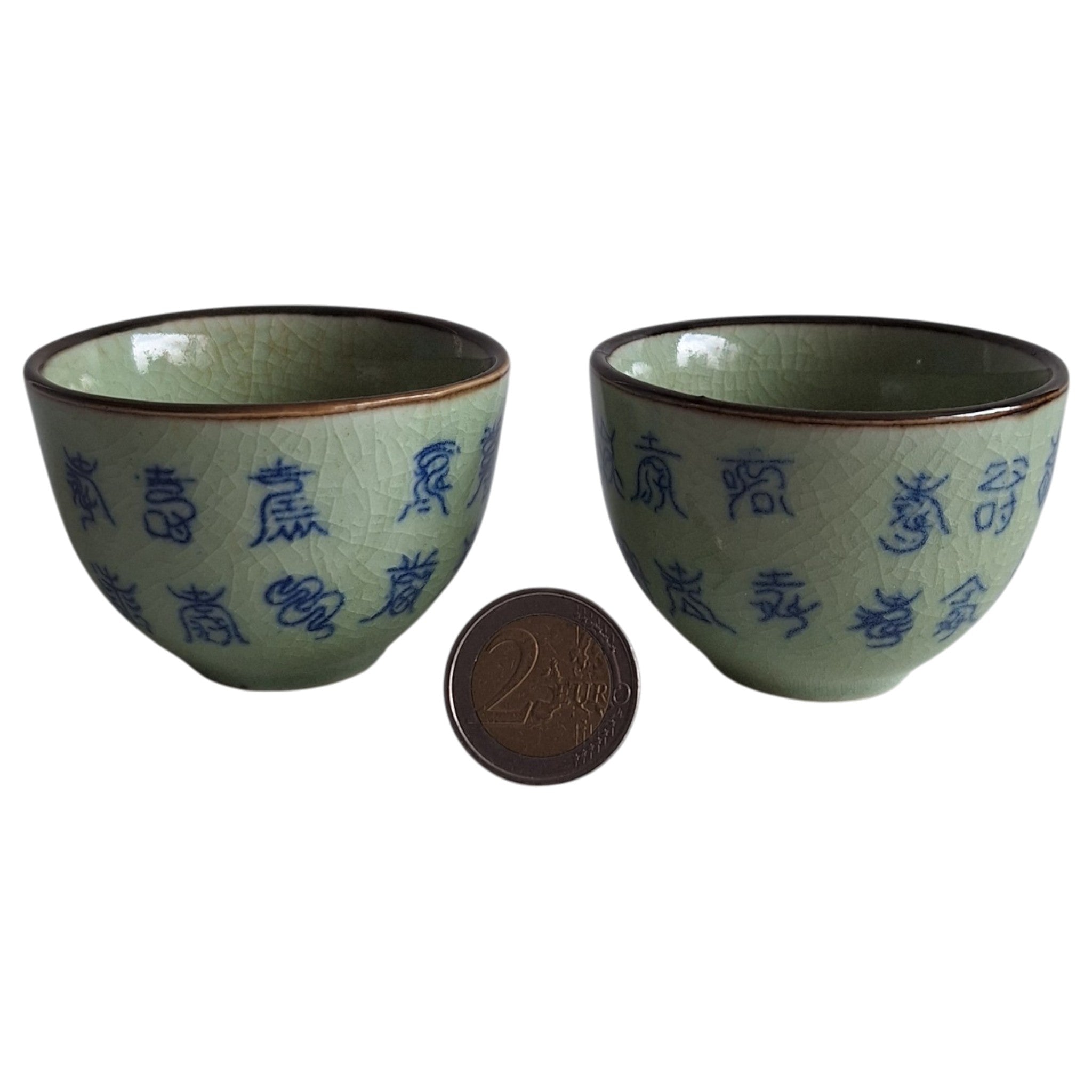 Set van 2 Celadon Kommetjes – Chinees Porselein met Craquelé Glazuur en Shou-karakter