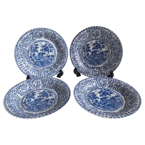4 porcelain saucers with transfer chinoiserie decor, marked on the reverse, 23 cm diameter (1 saucer with 1 hairline crack)