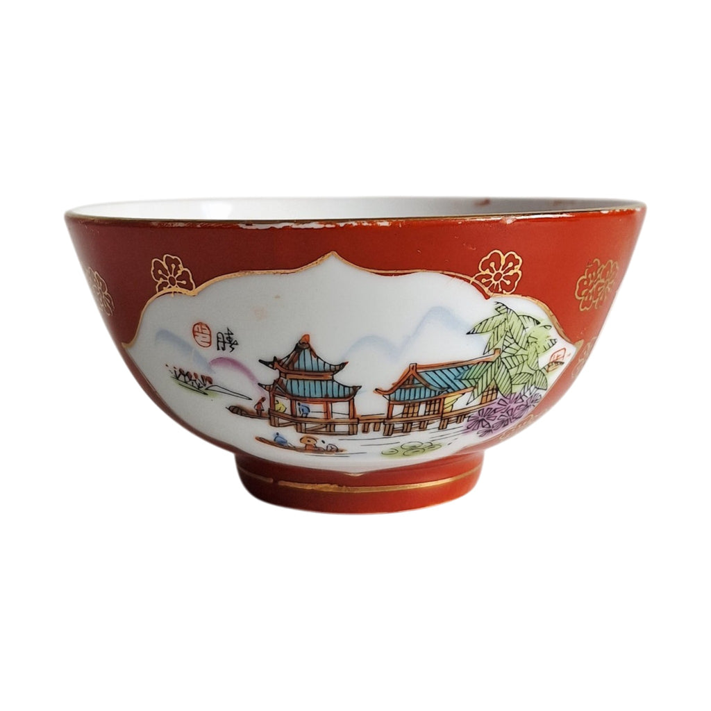Chinese Porseleinen Rijstkom Rood Glazuur met Landschapsdecor