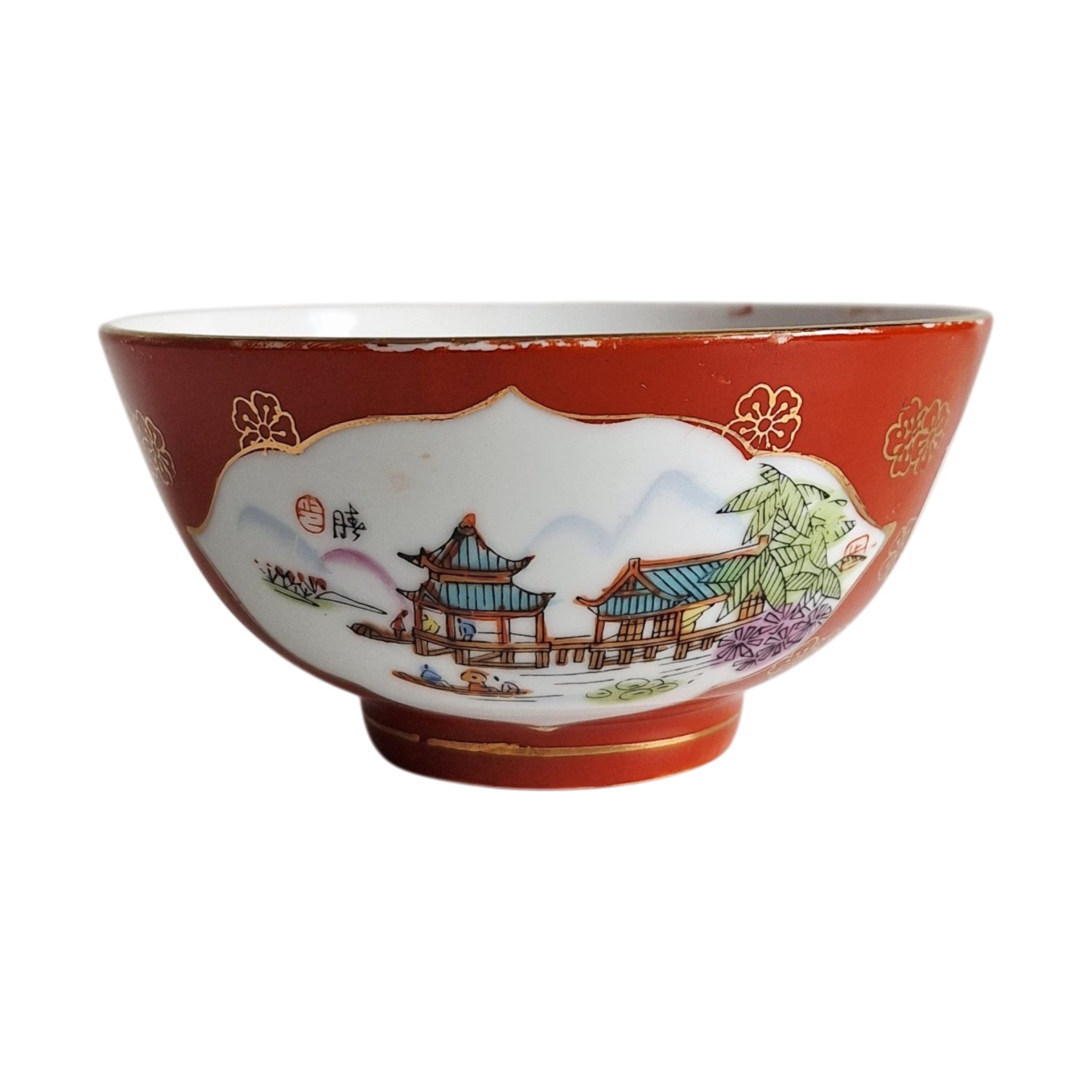 Chinese Porseleinen Rijstkom Rood Glazuur met Landschapsdecor