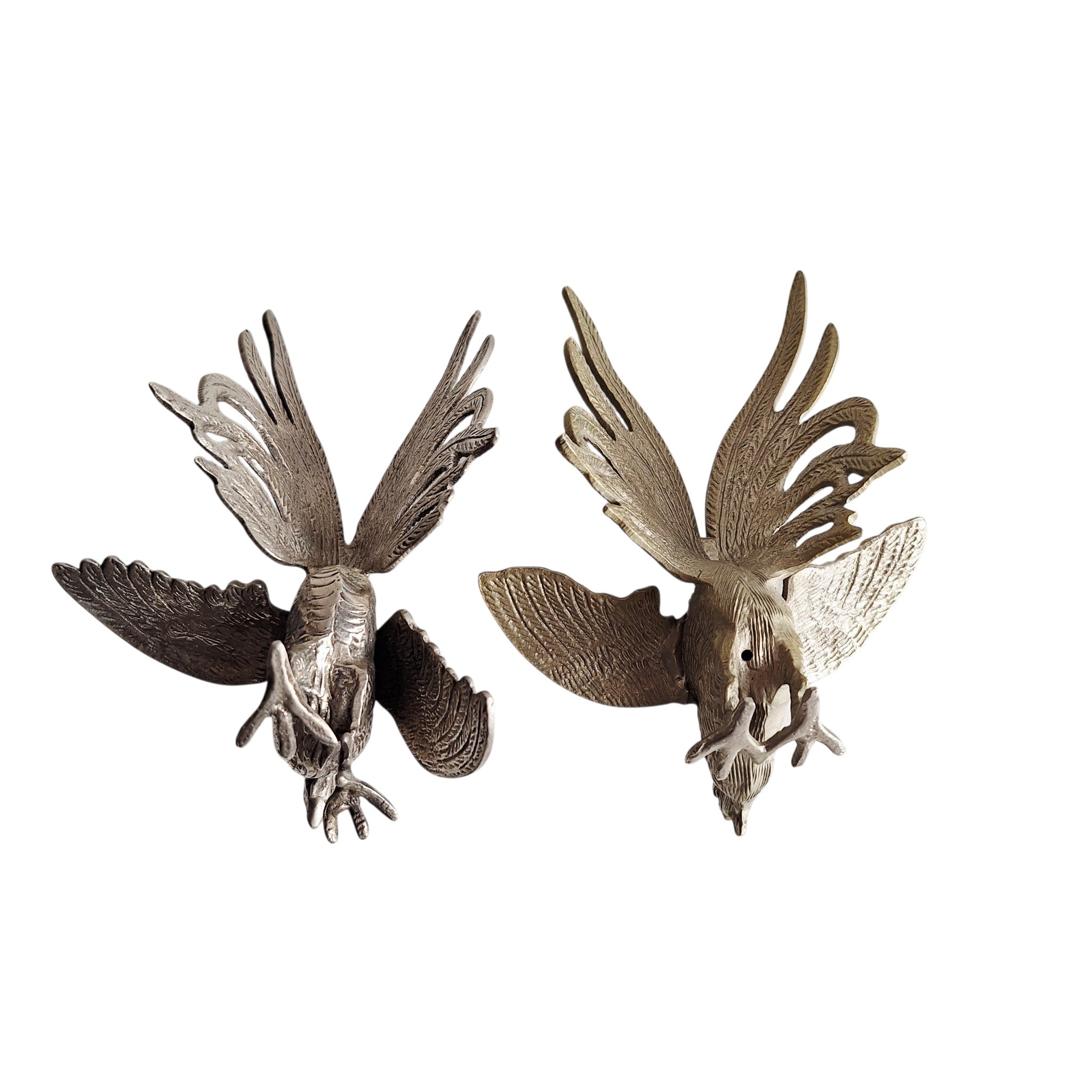 Paar metalen kemphaantjes - vechtende hanen beeldjes Frans decoratief - set van 2