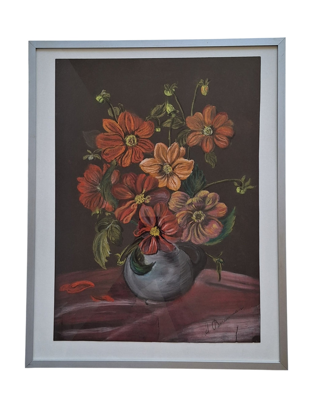Bloemenstilleven op Krijt - Gesigneerd A. Bouman Ingelijst met Glas